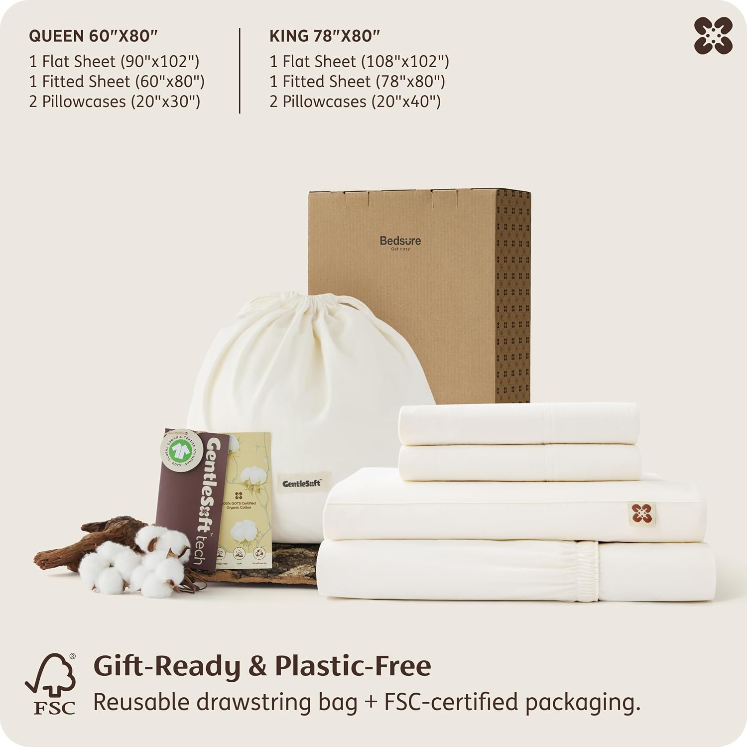 Bedsure PureWoven 100% GOTS Certified Organic Cotton Sheets, Queen Size | Eco-Friendly, 17" Deep Pocket with Corner Straps, Luxury Hotel Soft, Breathable & Durable Sateen Bed Sheets, OEKO-Tex, Ivory - Image 8