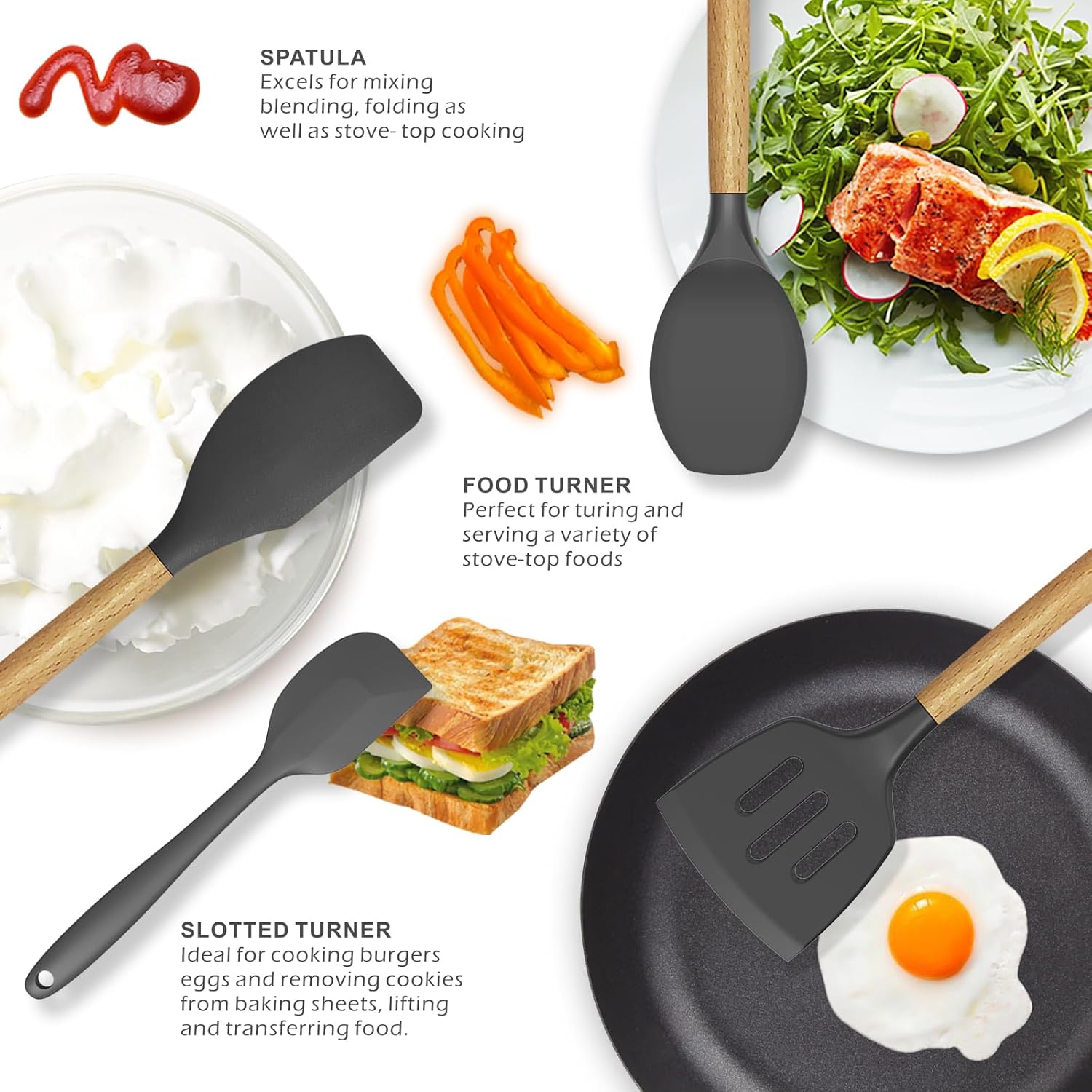 oannao Silicone Cooking Utensils Kitchen Utensil Set - 446°F Heat Resistant Silicone Kitchen Utensils Set, Spatula,Turner Tongs, Spoon, Whisk,Kitchen Gadgets for Nonstick Cookware, BPA Free (Gray) - Image 3