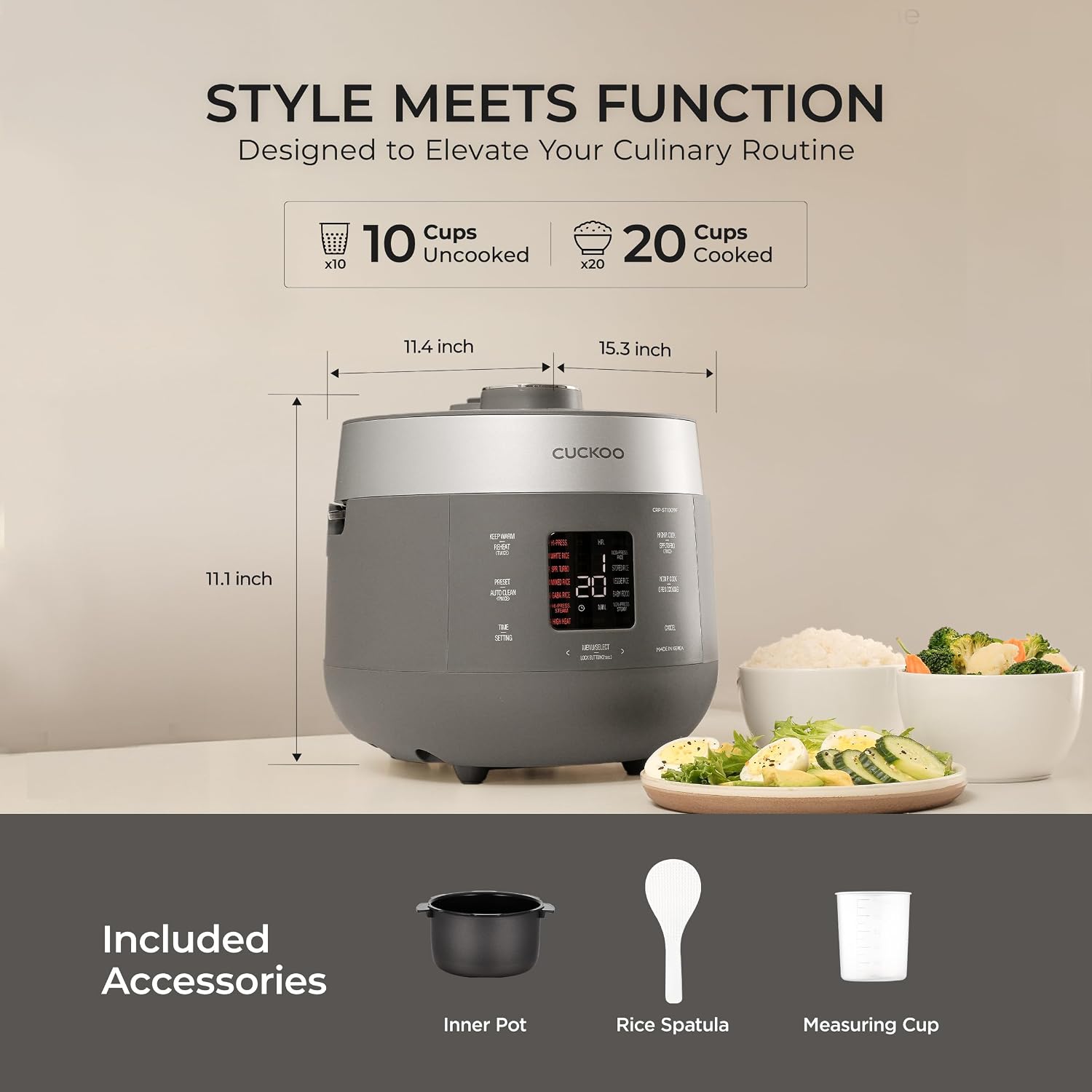 CUCKOO Twin Pressure Rice Cooker, 20-Cup Cooked, Gray, CRP-ST1009FG | Large 10-Cup Uncooked Capacity, Nonstick Inner Pot, 15 Menus, 15-21 Minute Super Turbo Rice, Auto Clean, Made in Korea - Image 3