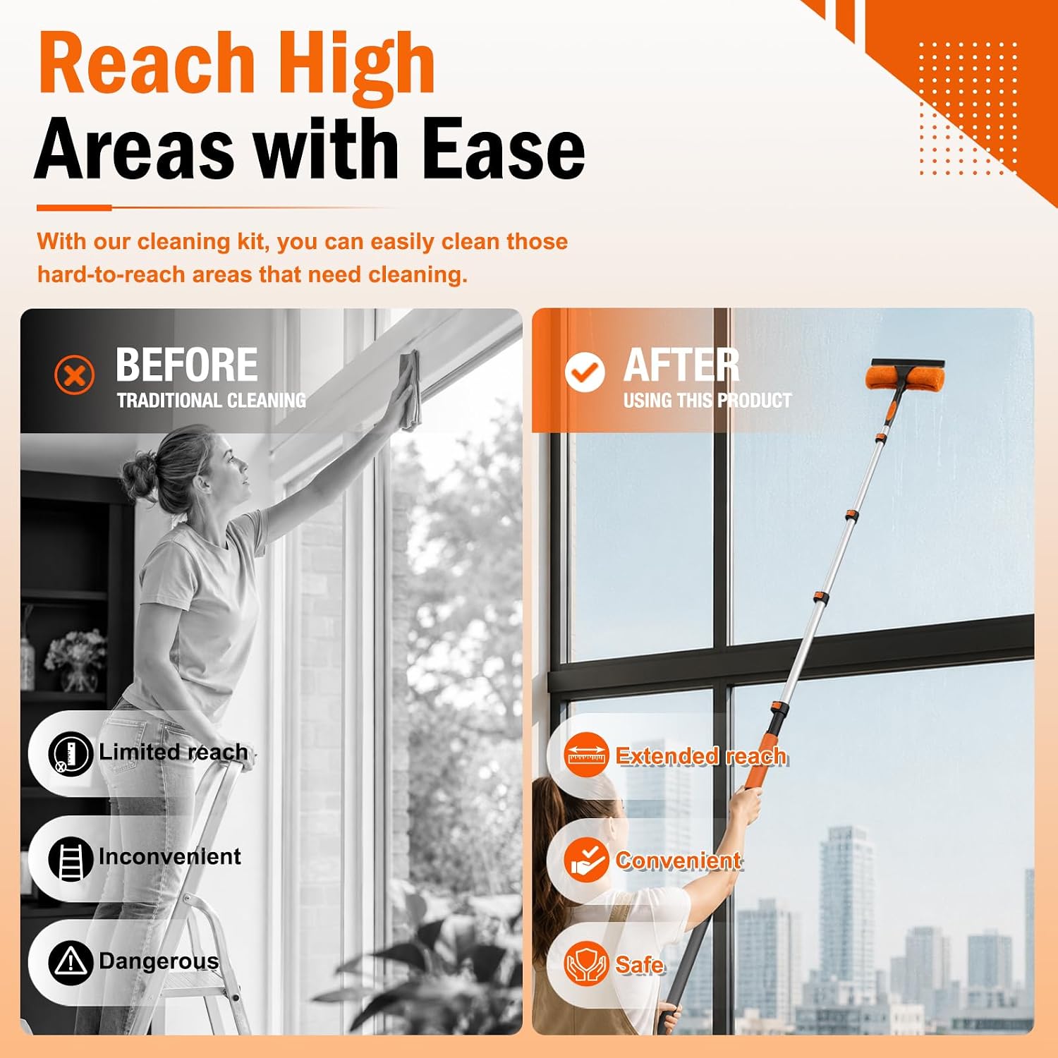 LAANPOLE 26FT High Reach Duster Cleaning Kit with Extension Pole, High Ceiling Fan Cleaner Duster Tool for Fan Blades, Window Washing Kit with Microfiber Feather Duster & Window Squeegee - Image 7