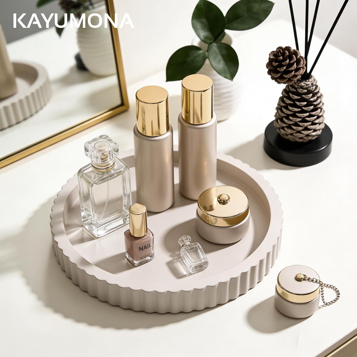 Modern Decorative Tray for Coffee Table, 11" Wooden Gray Beige Round Small Decor Tray for Candle, Perfume, Vanity, Kitchen Island Counter & Table Centerpiece - Image 7