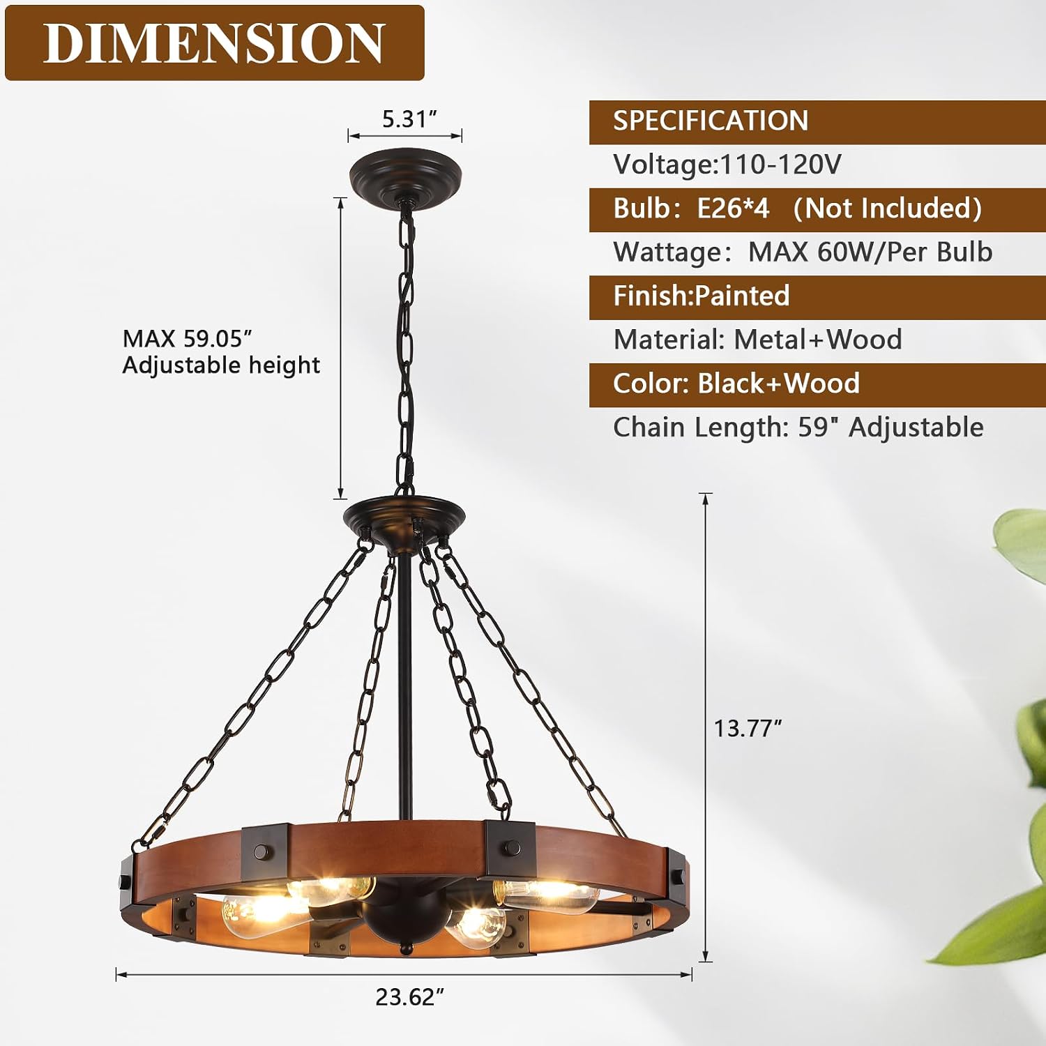 23.6" Wood Wagon Wheel Chandelier for Dining Room | 4-Light Round Farmhouse Rustic Chandelier, Hanging Light Fixtures, for Living Room Kitchen Island Entryway Foyer - Image 4