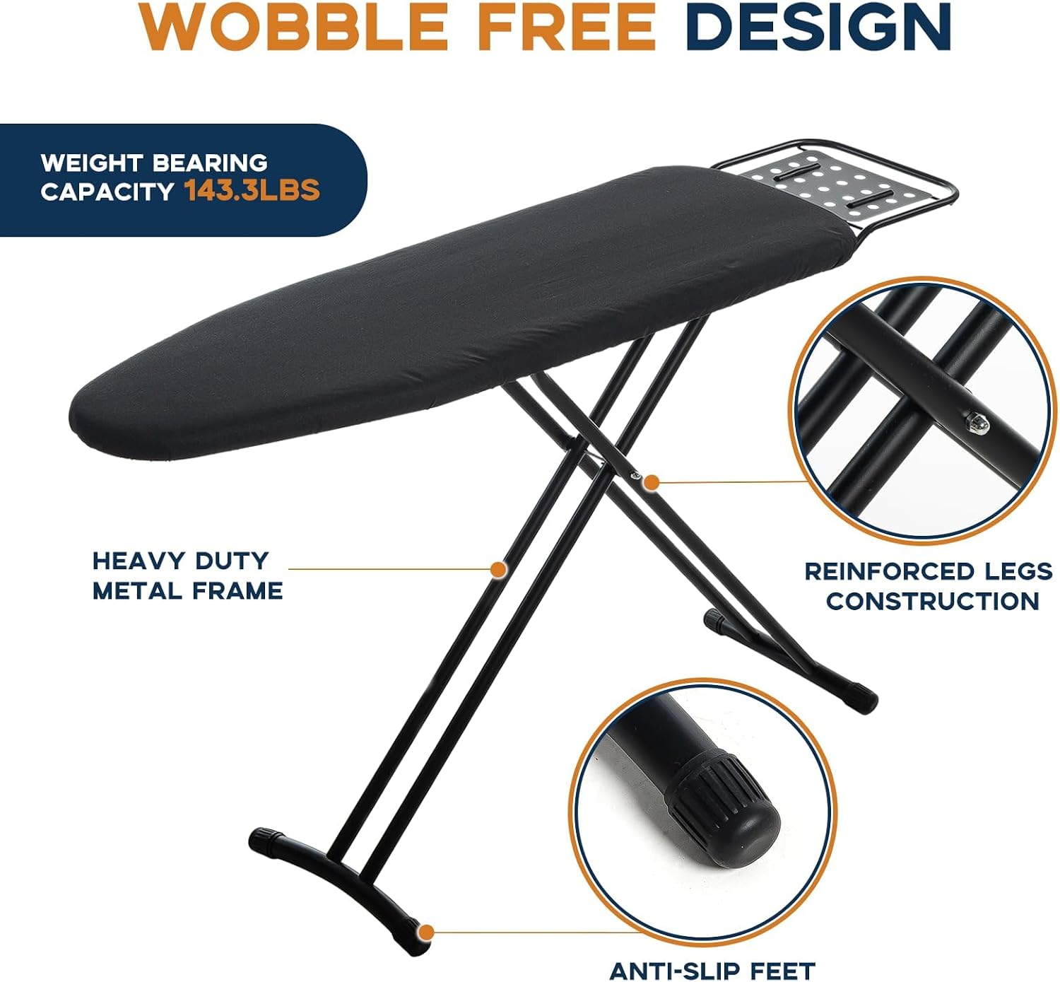 Ironing Board Full Size, RAINHOL Black 54"x13" Compact Ironing Board | Heavy Duty with Iron Rest, Height Adjustable Stand & Heat Resistant Ultra Thick Padding Cover - Image 5