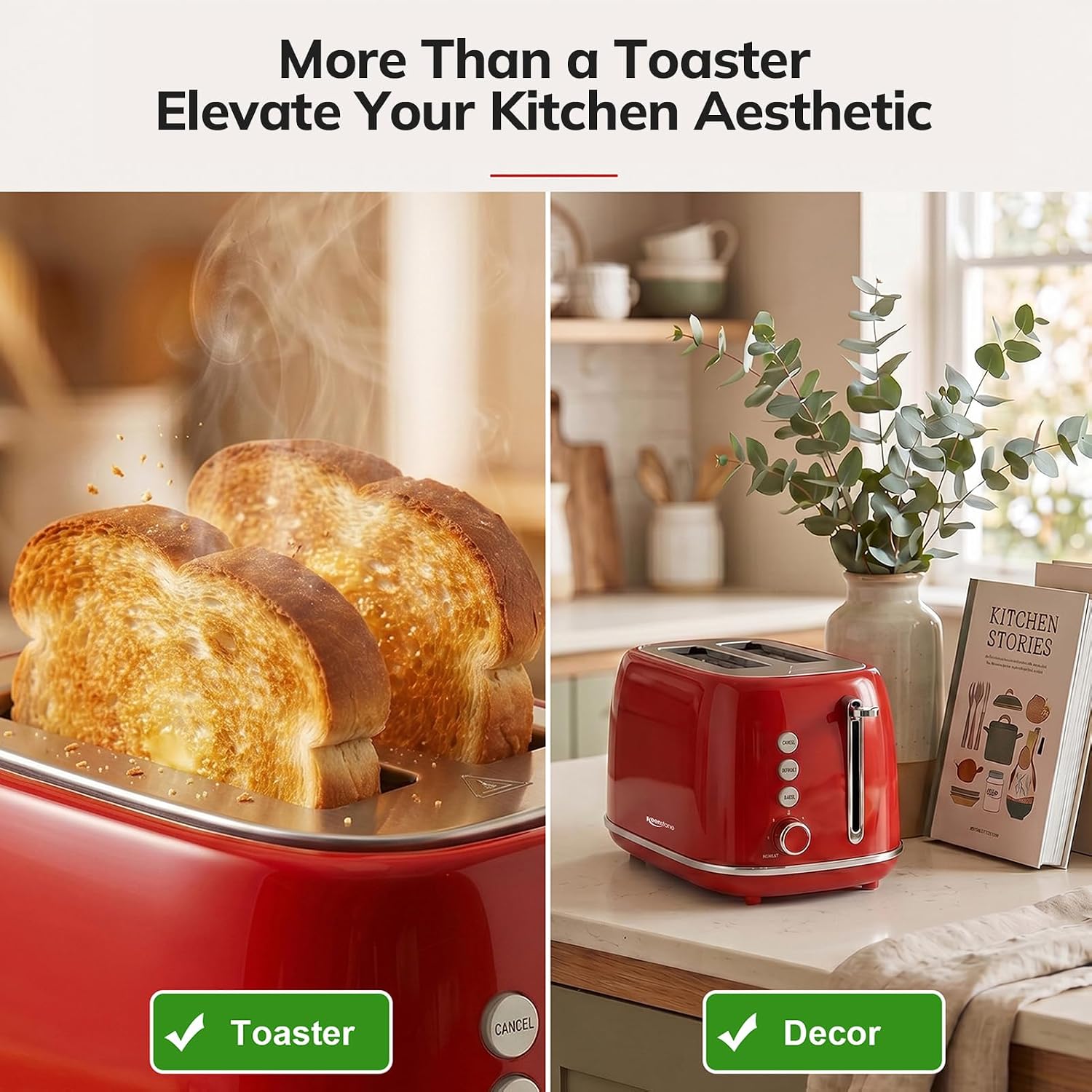 2 Slice Stainless Steel Toaster Retro with 6 Bread Shade Settings, Bagel, Cancel, Defrost Function, Extra Wide Slot, Removable Crumb Tray, Red - Image 2