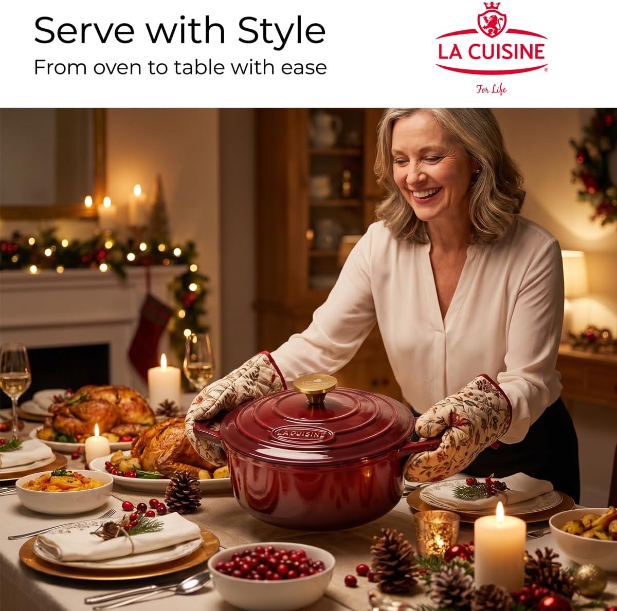 La Cuisine Enameled Cast Iron Dutch Oven Casserole Pot with Golden handle for Lid, Internal Matte Black Enamel Coating, 5 QT 10.5" / 26cm Ø, Oven-Safe 550°F/276°C, Cranberry - Image 6