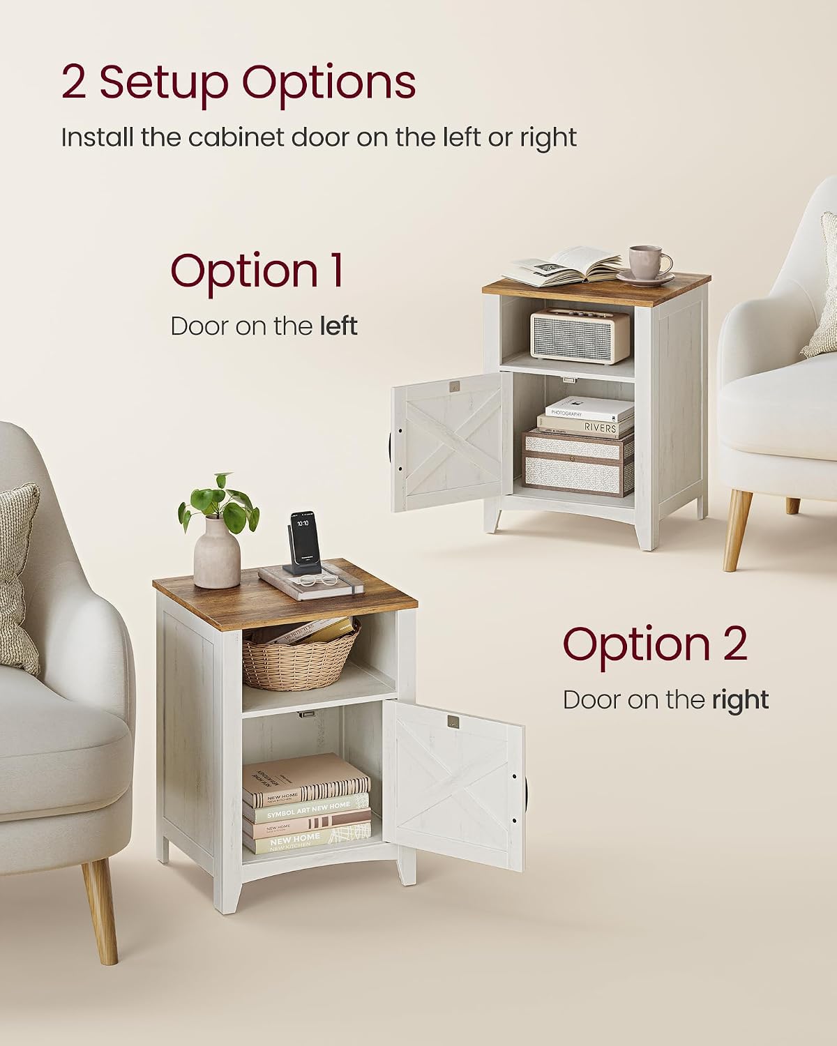VASAGLE Nightstand Farmhouse Barn Door Bedside Table with Storage | Side End Table, Night Stand, Open Compartment, for Bedroom, Set of 2, Rustic White and Honey Brown, LIRY Collection - Image 6