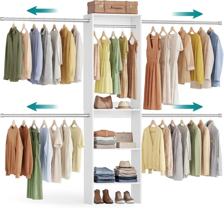 SONGMICS Closet System, Customizable Walk-In Closet Organizer System with Adjustable Hanging Rods and Storage Shelves, White, Fits Spaces 4-9.6 ft URGR040WZ01S