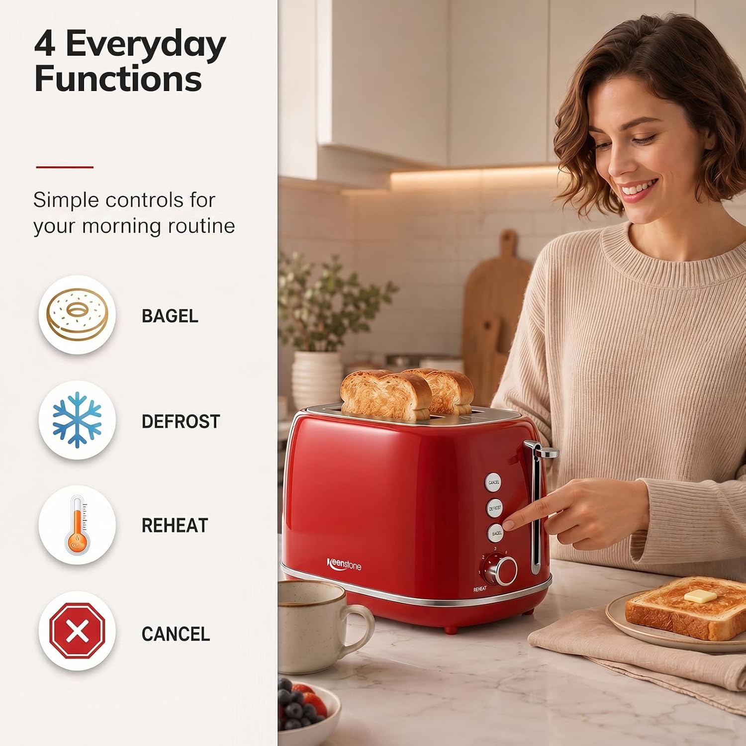 2 Slice Stainless Steel Toaster Retro with 6 Bread Shade Settings, Bagel, Cancel, Defrost Function, Extra Wide Slot, Removable Crumb Tray, Red - Image 4