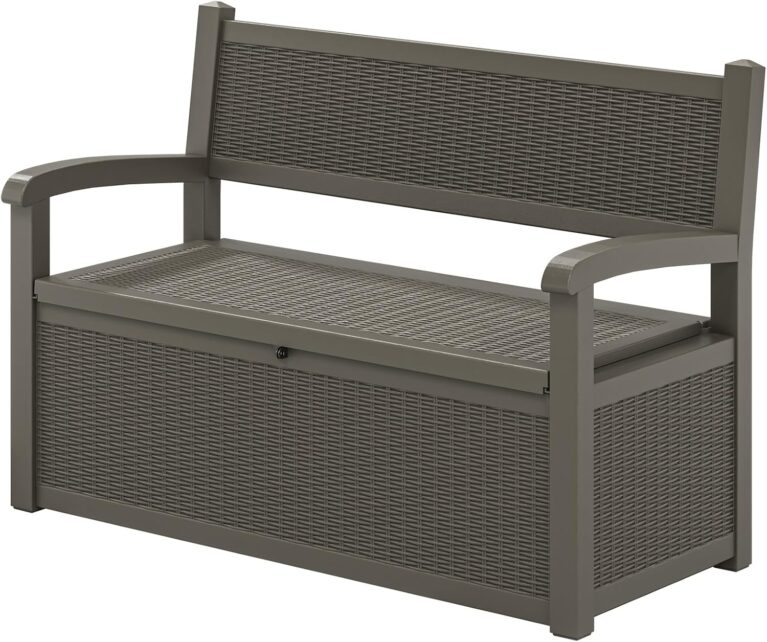 80 Gallon Outdoor Storage Bench, Resin Outside Storage Box with Armrest, Lockable Deck Boxes Waterproof and UV Resistant for Patio Cushions, Garden Tools and Pool Supplies, Dark Grey
