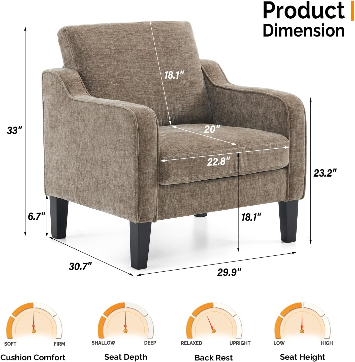 VINGLI Accent Chair for Living Room Chairs Light Brown Reading Chair for Bedroom Scooped Arm Chair Mid Century Modern Accent Chairs Upholstered Comfy Chair for Apartment, Waiting Room - Image 3