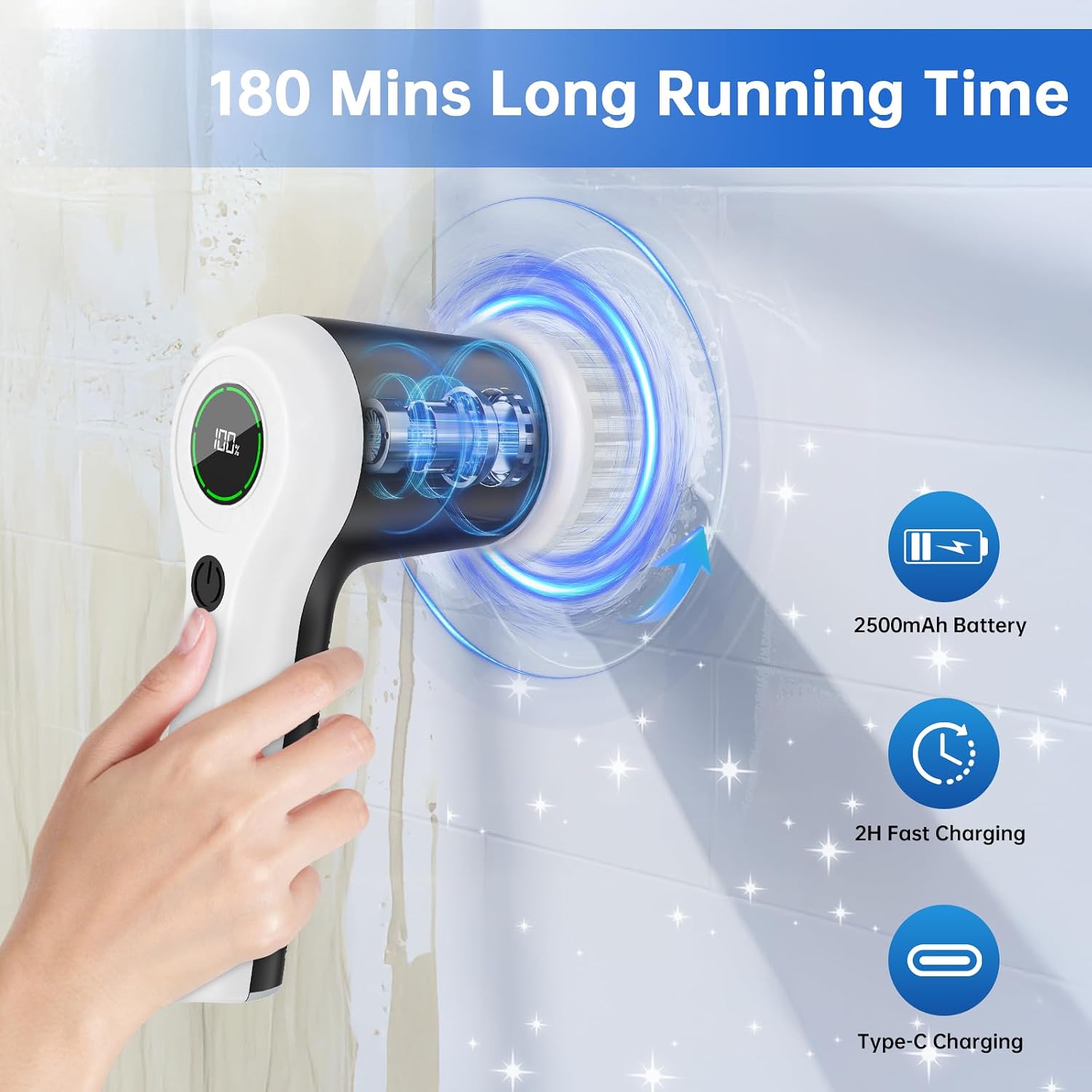 PUFTEM Electric Spin Scrubber, Cordless Shower Scrubber | Battery Level Display, Dual Speed, 6 Replaceable Brush Heads, IPX7 Waterproof, Long Runtime, Tub, Tile & Sink Cleaning - Image 2