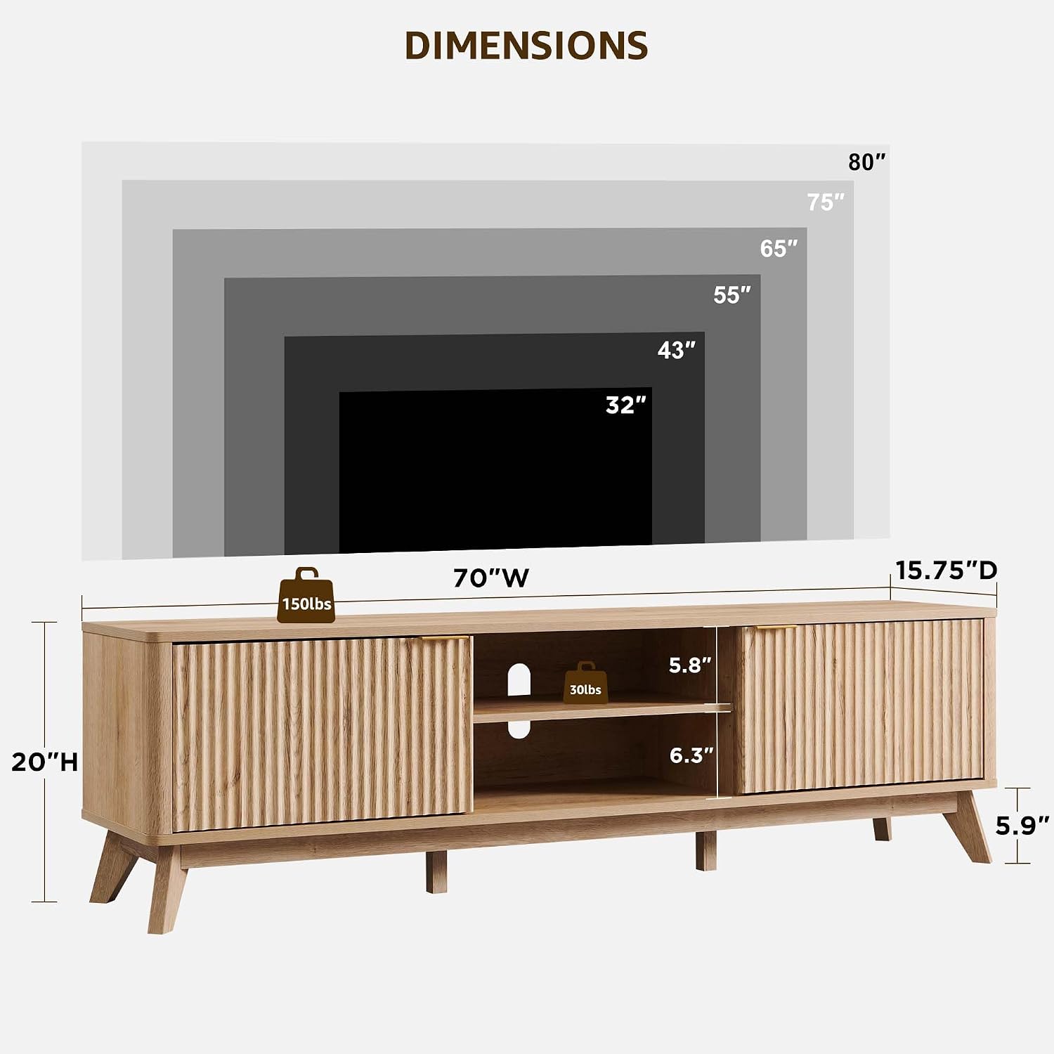 OKD 70" Mid Century Modern Fluted TV Stand w/ 2 Soft Close Door,Natural Oak | Entertainment Center, Sideboard, Media console for Living Room with Adjustable Shelves - Image 7