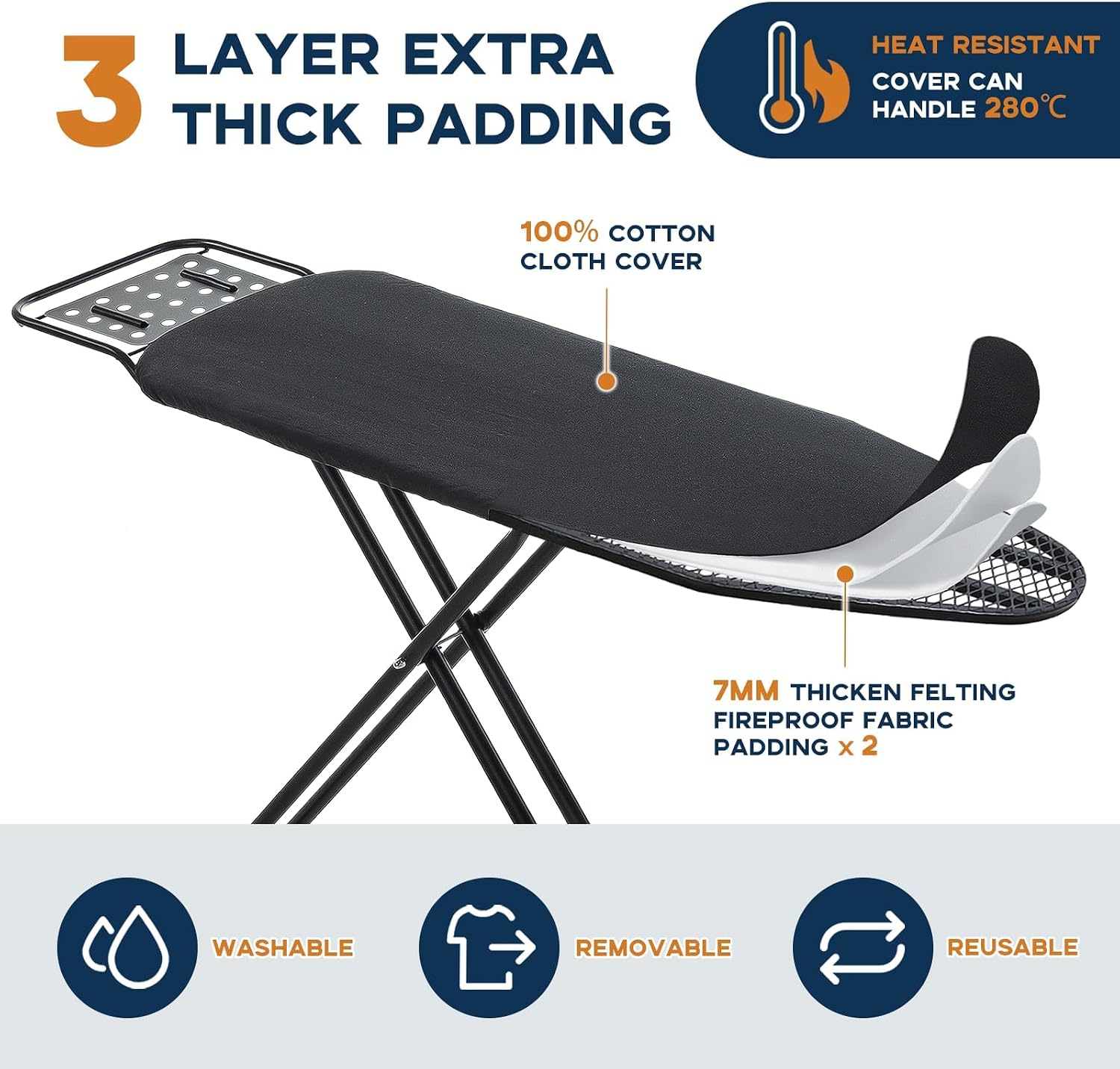 Ironing Board Full Size, RAINHOL Black 54"x13" Compact Ironing Board | Heavy Duty with Iron Rest, Height Adjustable Stand & Heat Resistant Ultra Thick Padding Cover - Image 3