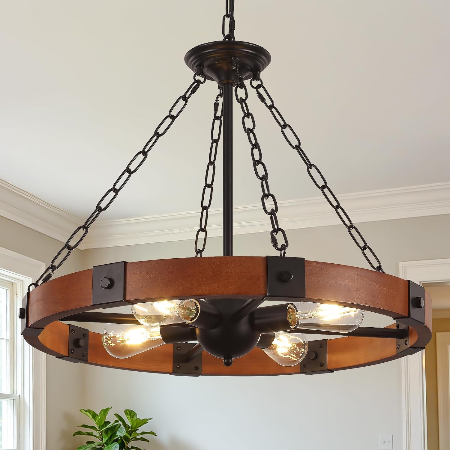 23.6" Wood Wagon Wheel Chandelier for Dining Room | 4-Light Round Farmhouse Rustic Chandelier, Hanging Light Fixtures, for Living Room Kitchen Island Entryway Foyer