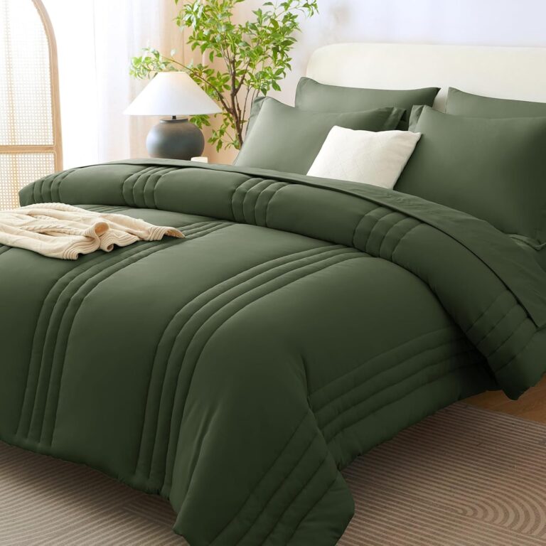 Full Size Comforter Sets Olive Green- 7 Pieces Bed in a Bag | OEKO-TEX Certified, 240GSM Down-Alternative Comforter, 14" Deep-Pocket Sheets, Shams & Pillowcases, Lightweight