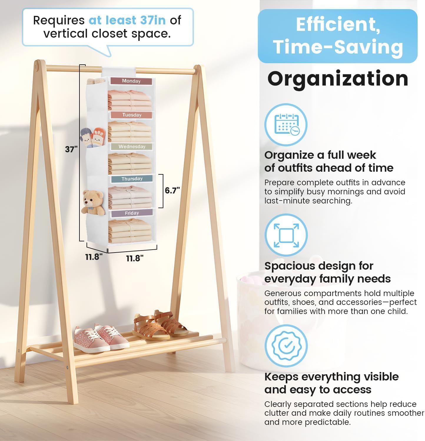 Weekly Clothes Organizer for Kids, 5-Shelf Kid Hanging Closet Organizer w/ 6 Side Pockets, Labeled Weekly Outfit Organizer for Kids, Days of The Week Clothes Organizer Monday Through Friday White - Image 2