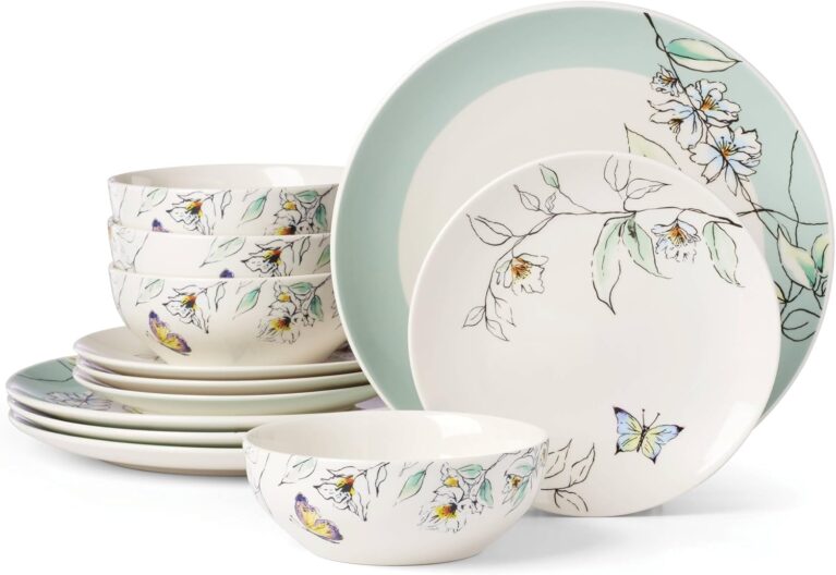 Oneida Dinnerware Set, Botanica 12-Piece Dinnerware Set, Service For 4, Porcelain Material, Dishwasher And Microwave Safe, Bowls, Plates And Bowls, Dinner Dishes, Plates, Home (Green, 12 Piece)