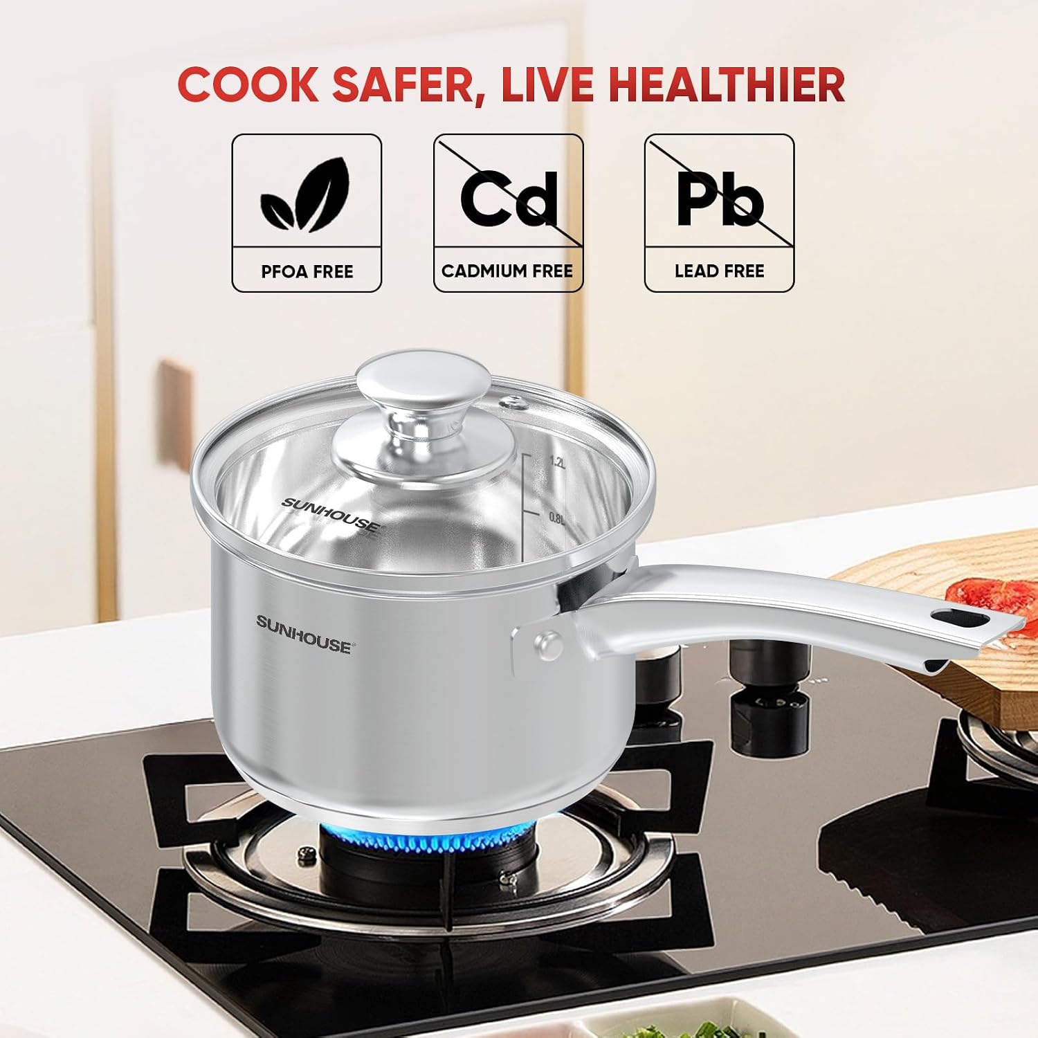 SUNHOUSE 1.5 QT Stainless Steel Sauce Pan with Lid, Small Pot for Cooking | PFOA-Free Uncoated Milk Pan & Butter Warmer, Mini Saucepan with Impact Bonding Base for Induction, Gas, Electric - Image 7