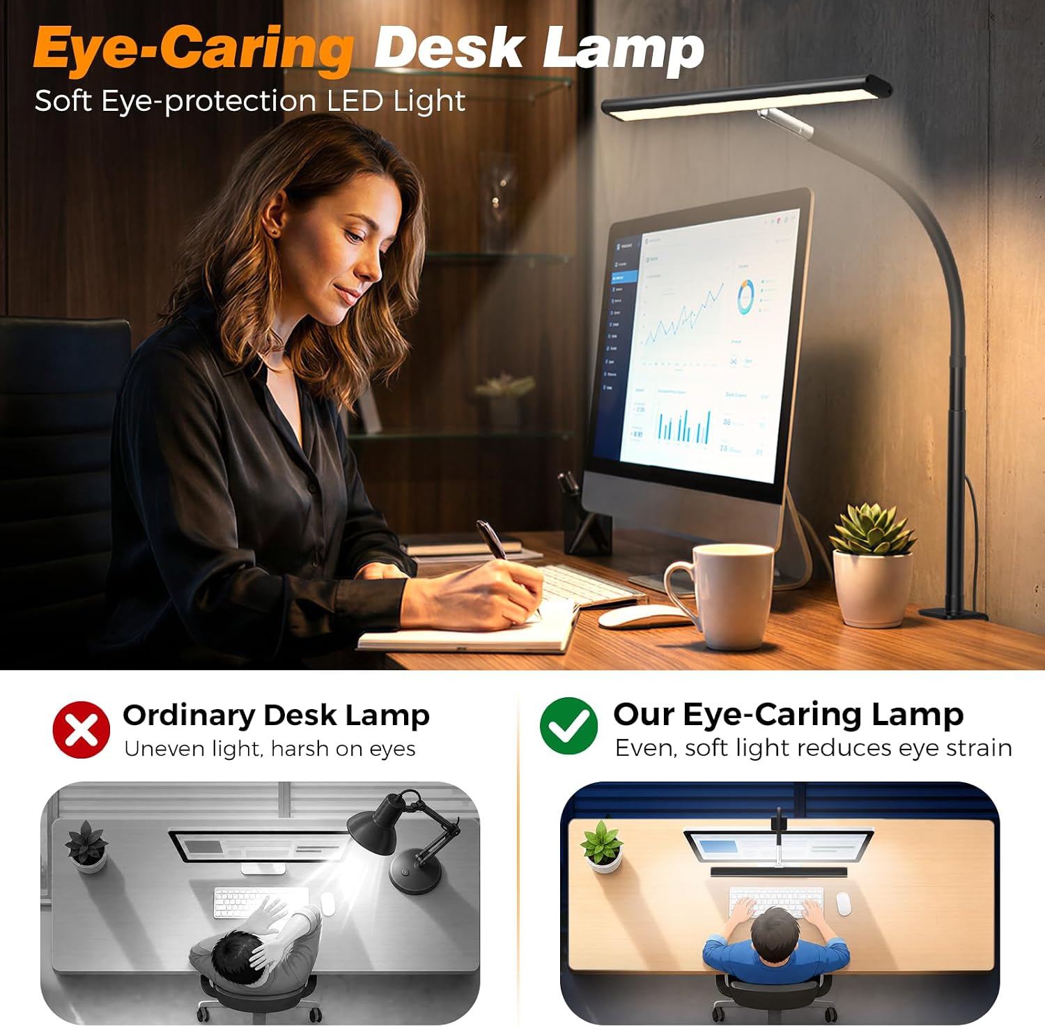 Airlonv LED Desk Lamp for Office Home, Eye-Caring Desk Light with Stepless Dimming Adjustable Flexible Gooseneck, 10W USB Adapter Desk Lamp with Clamp for Reading, Study, Workbench (Black) | 2700K-6500K, 100 LEDs, 360° Gooseneck, Fits Up to 30" Monitors, Flicker-Free Lighting for Home Office, Study& Workbench - Image 6