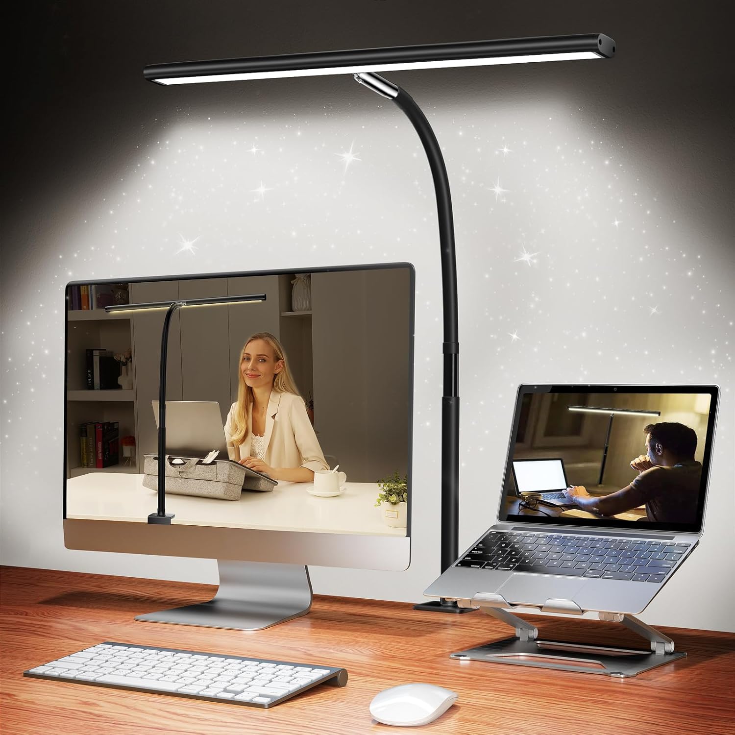 Airlonv LED Desk Lamp for Office Home, Eye-Caring Desk Light with Stepless Dimming Adjustable Flexible Gooseneck, 10W USB Adapter Desk Lamp with Clamp for Reading, Study, Workbench (Black) | 2700K-6500K, 100 LEDs, 360° Gooseneck, Fits Up to 30" Monitors, Flicker-Free Lighting for Home Office, Study& Workbench