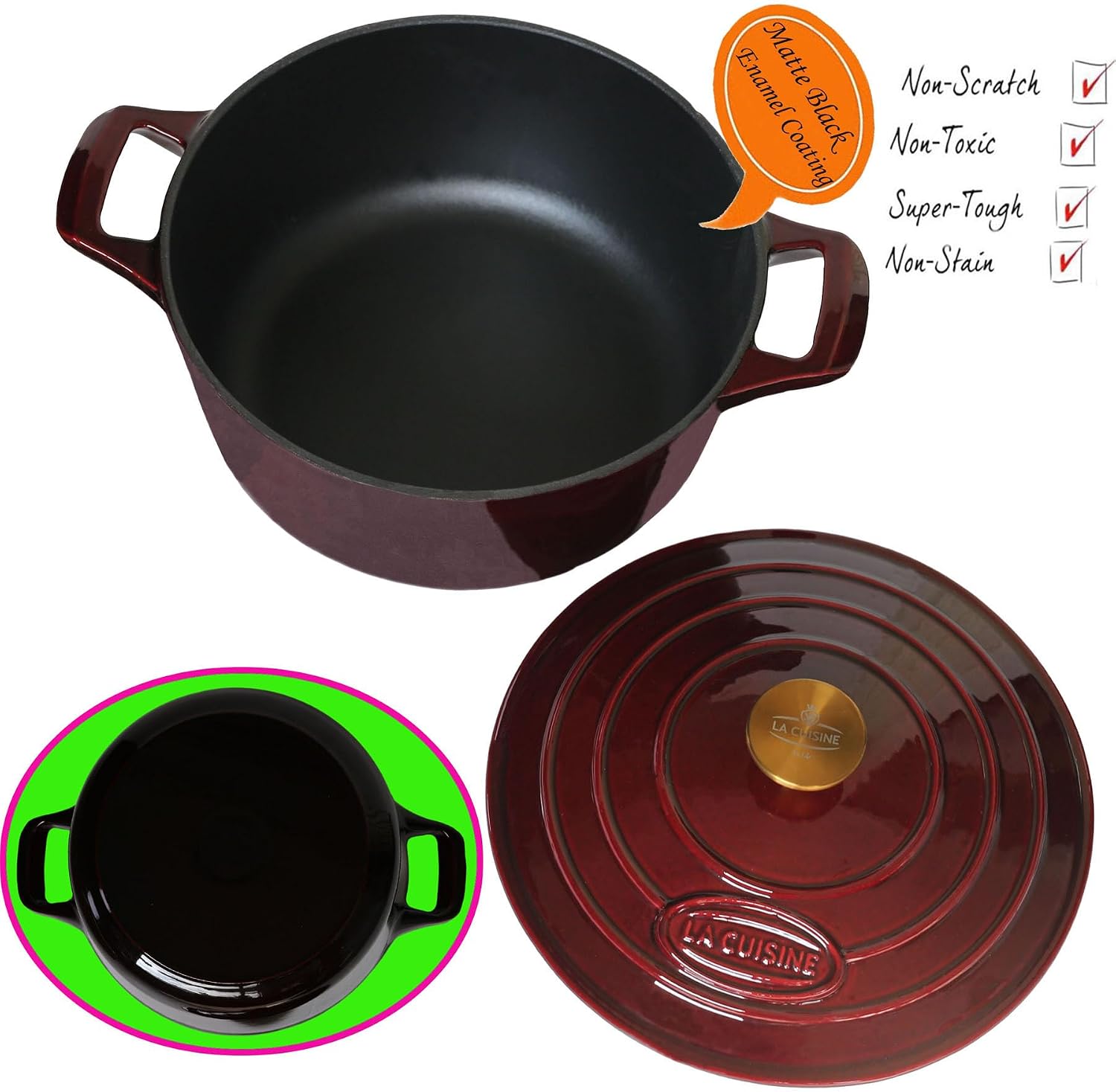 La Cuisine Enameled Cast Iron Dutch Oven Casserole Pot with Golden handle for Lid, Internal Matte Black Enamel Coating, 5 QT 10.5" / 26cm Ø, Oven-Safe 550°F/276°C, Cranberry - Image 2