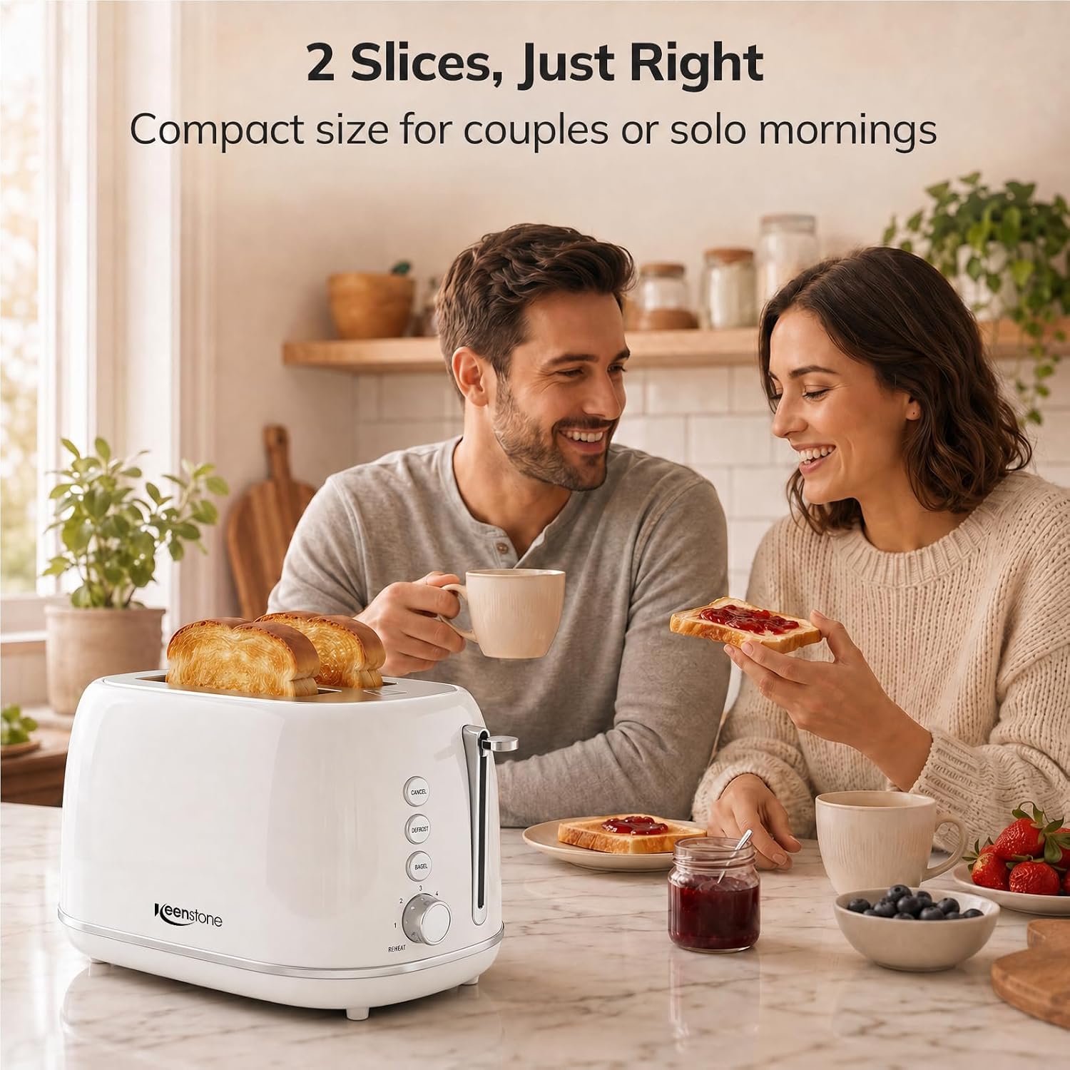 Keenstone 2 Slice Toaster, Retro Stainless Steel Kitchen Essentials, White | Retro Kitchen Decor, 18/8 Food-Grade Steel, 1.5” Slots & 6 Browning Levels, Bagel/ Defrost/ Reheat, Removable Crumb Tray - Image 7