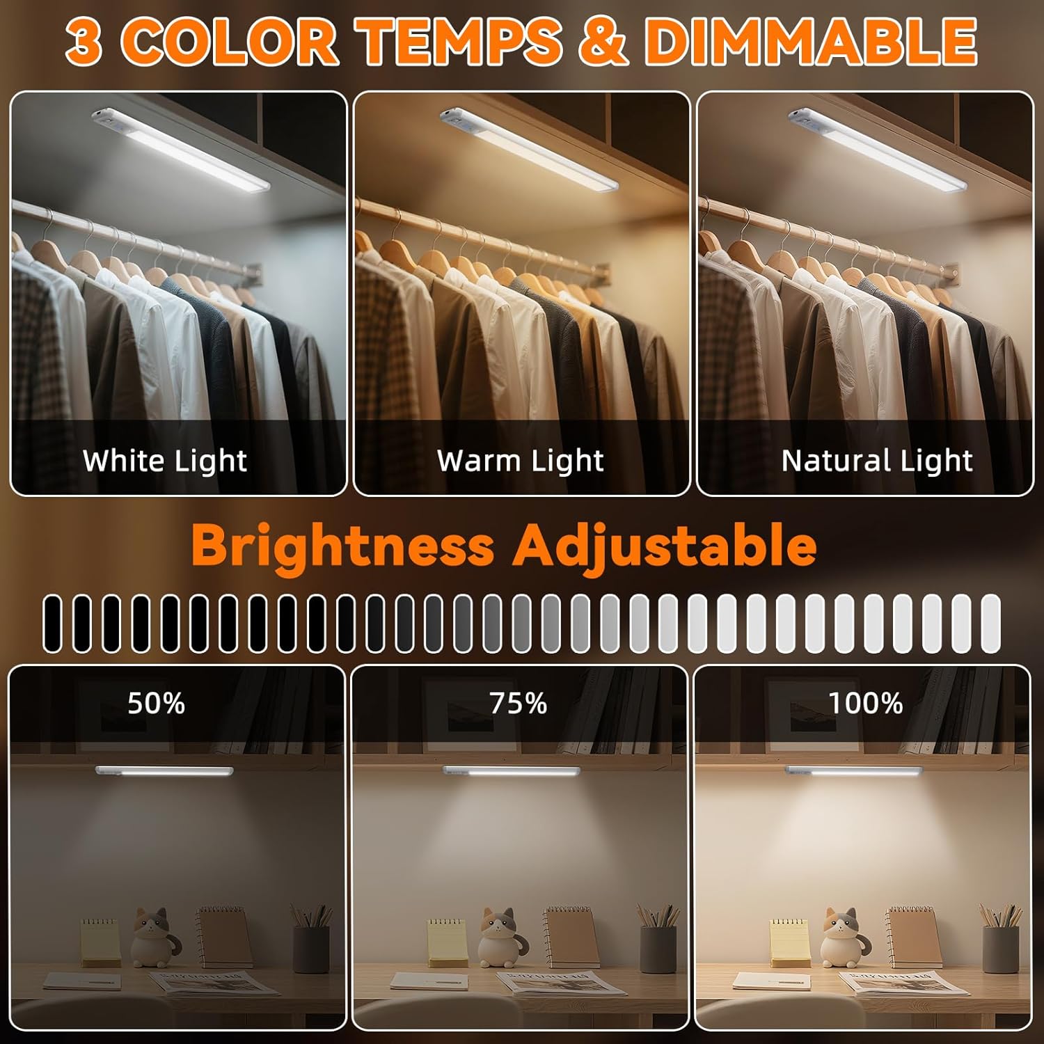 Under Cabinet Lighting Wireless, 10inch Motion Sensor Light Indoor, 3Pack | Rechargeable, 3 Color Temps, Dimmable, Power Display, LED Closet Light Magnetic, Under Counter Lights for Kitchen Shelf Home - Image 3