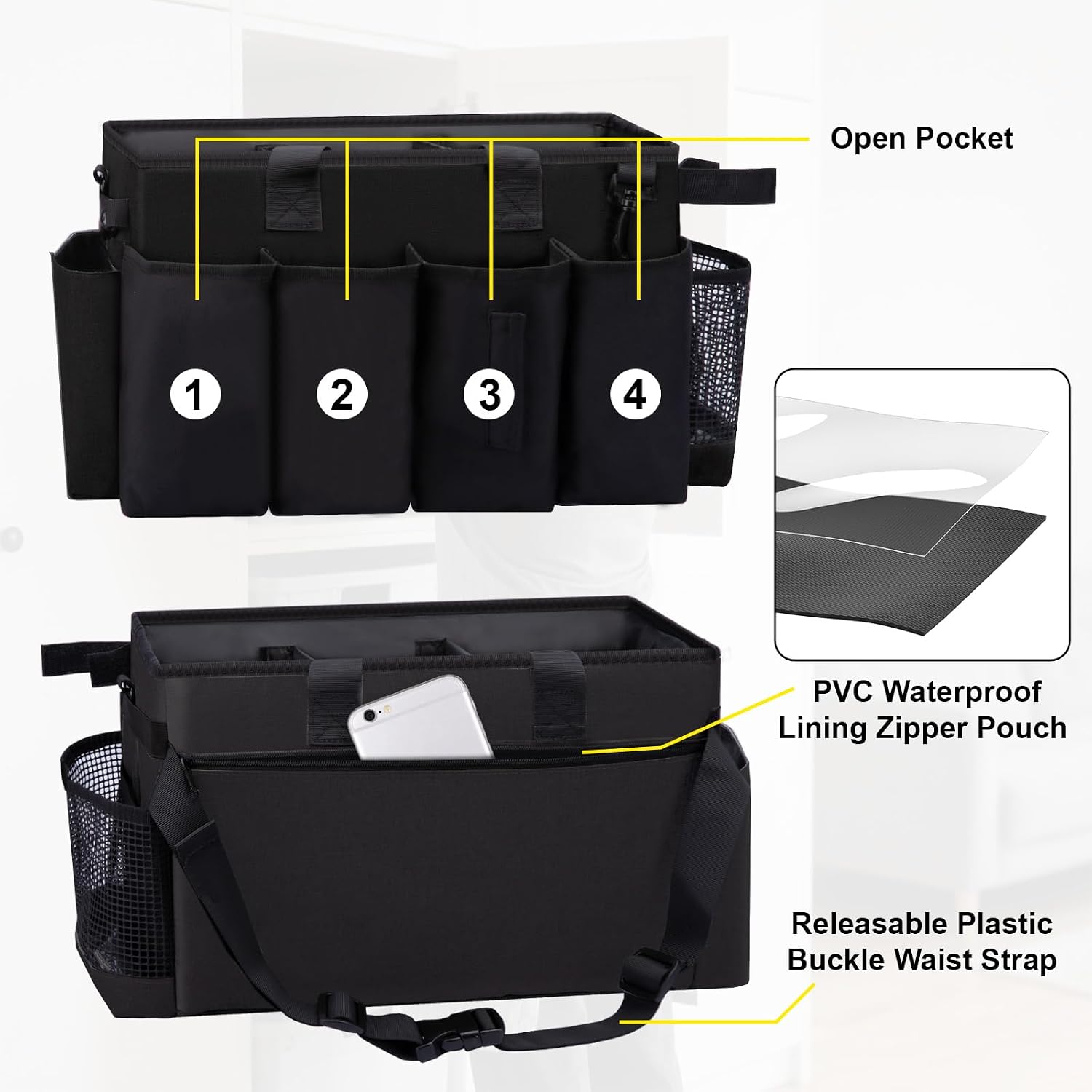 Wearable Large Cleaning Caddy Bag for Housekeepers (Black) | Cleaning Supplies Organizer with Adjustable Shoulder, Waist & Handle Straps, Detailing Bag for Kitchen Supplies - Image 3