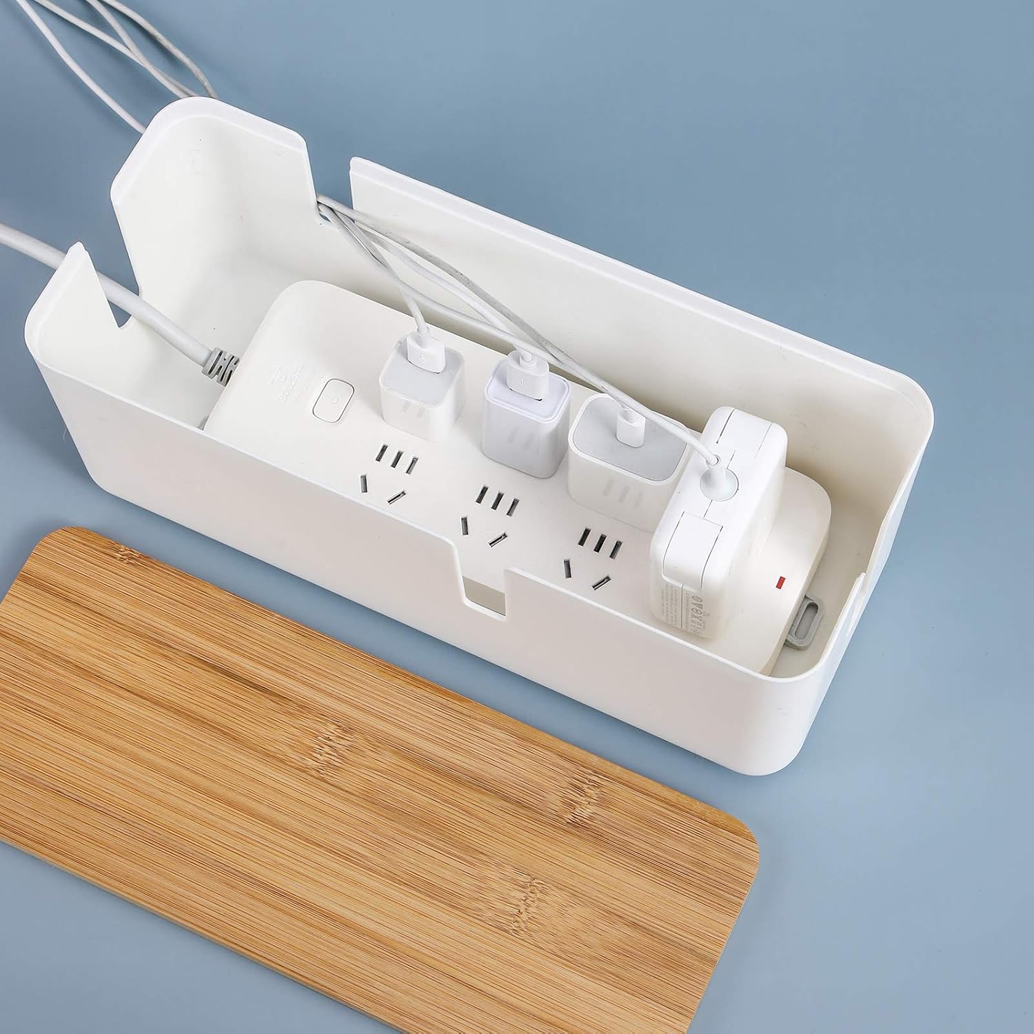 Changsuo Small Cable Management Box with Bamboo Lid for Extension Cord Power Stripe Surge Protector Wire Concealer Organizer Cover Hider (White) - Image 5