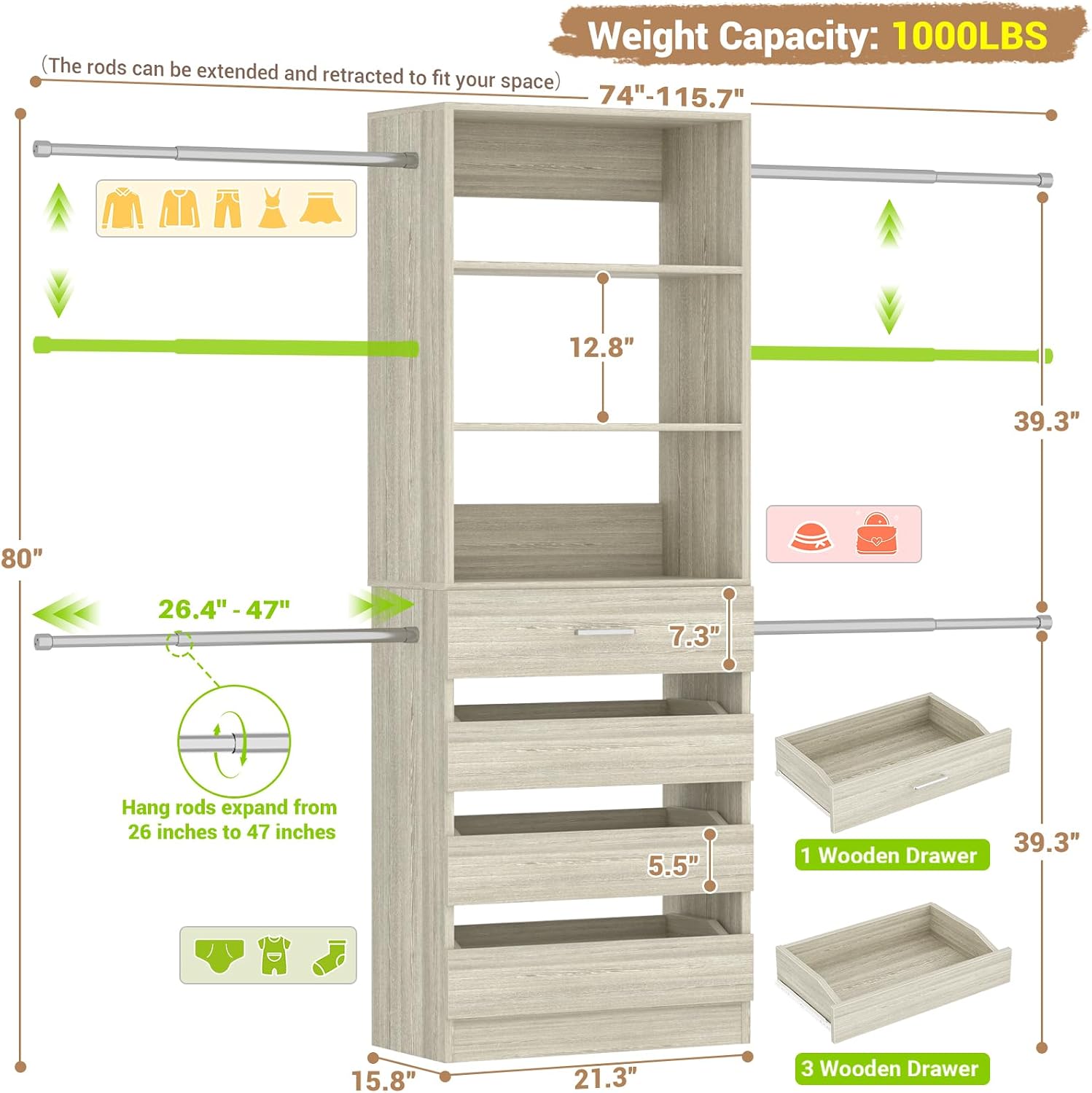 Aheaplus Closet System, 4-9Ft Closet Organizer with 4 Wooden Drawers, Wood Closet Organizer System with Tower, Walk-in Closet Organizer Wardrobe Garment Clothes Rack with 4 Hanging Rods, 2White Oak - Image 7