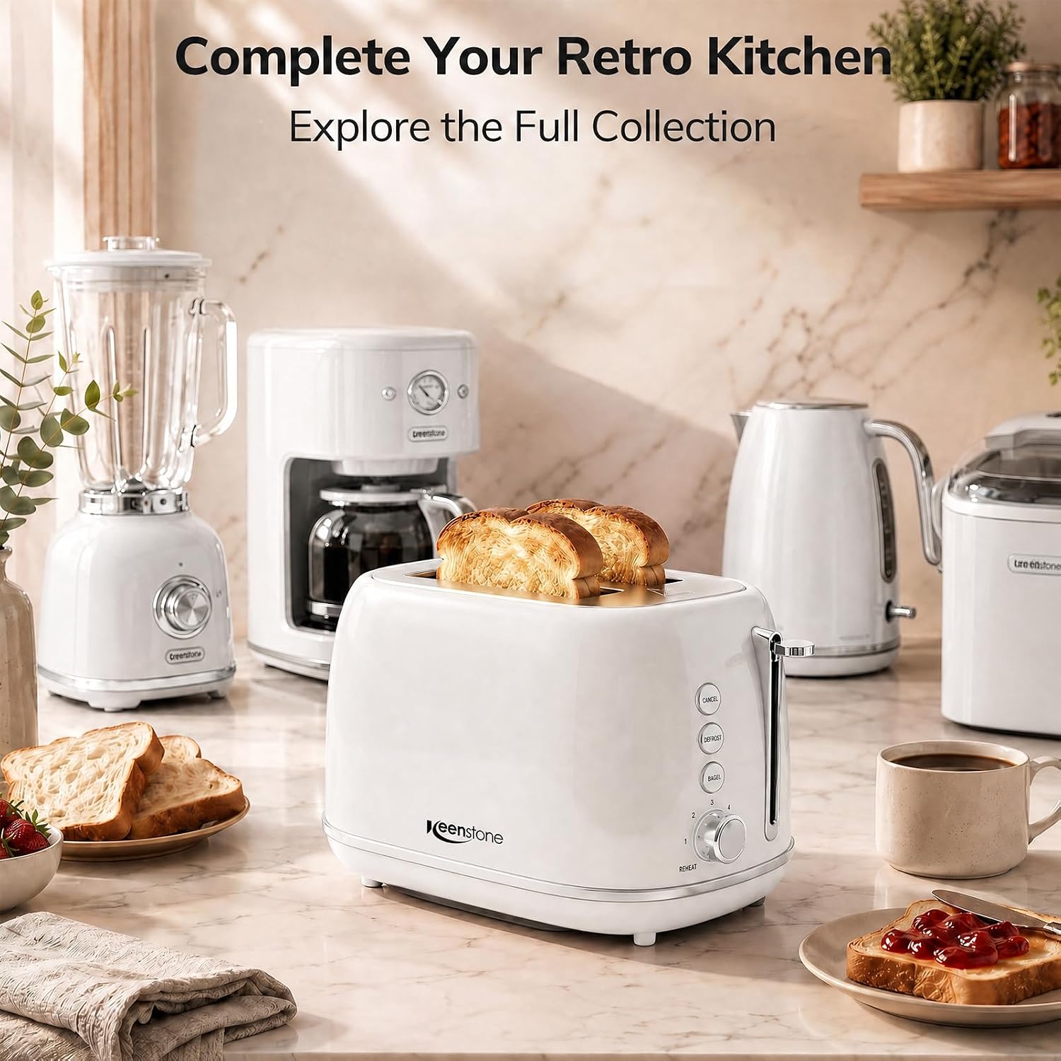 Keenstone 2 Slice Toaster, Retro Stainless Steel Kitchen Essentials, White | Retro Kitchen Decor, 18/8 Food-Grade Steel, 1.5” Slots & 6 Browning Levels, Bagel/ Defrost/ Reheat, Removable Crumb Tray - Image 8
