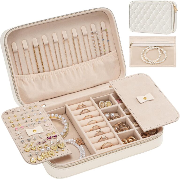 Lolalet Travel Jewelry Case for Women Girls -Medium, White | Jewelry Box Organizer for Travel Essentials, Mirror & Clear Storage Bag, Earring Necklace Bracelet Ring Holder, Mother's Gift