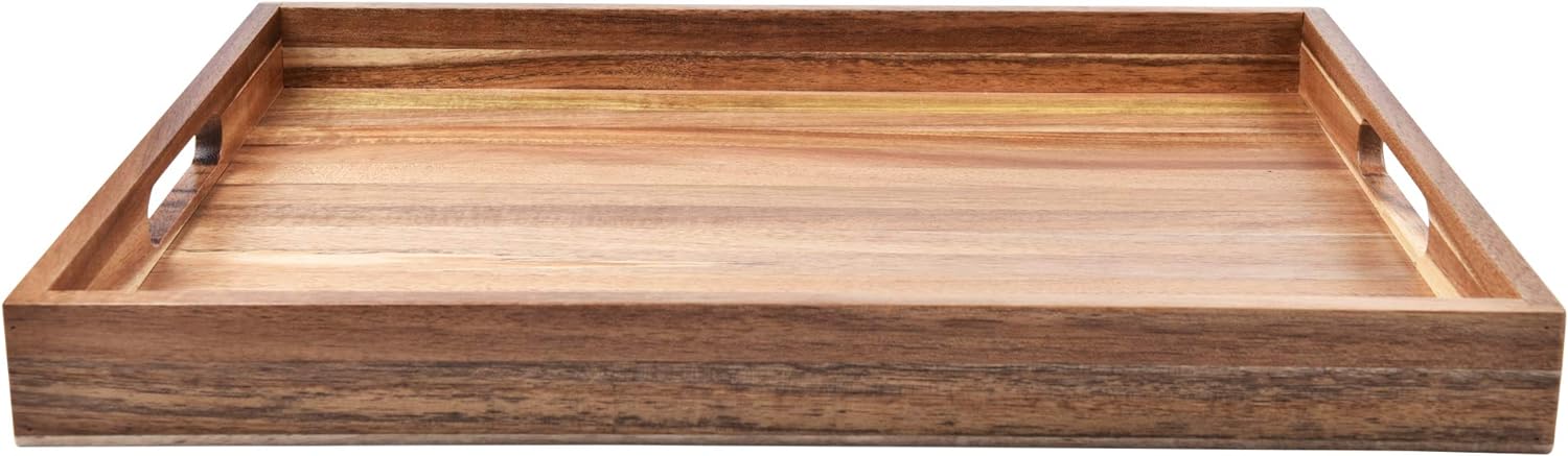 Acacia Wood Serving Tray with Handles (17 Inches) – Decorative Serving Trays Platter for Breakfast in Bed, Lunch, Dinner, Appetizers, Patio, Ottoman, Coffee Table, BBQ, Party –Great for Lap &Couch - Image 2