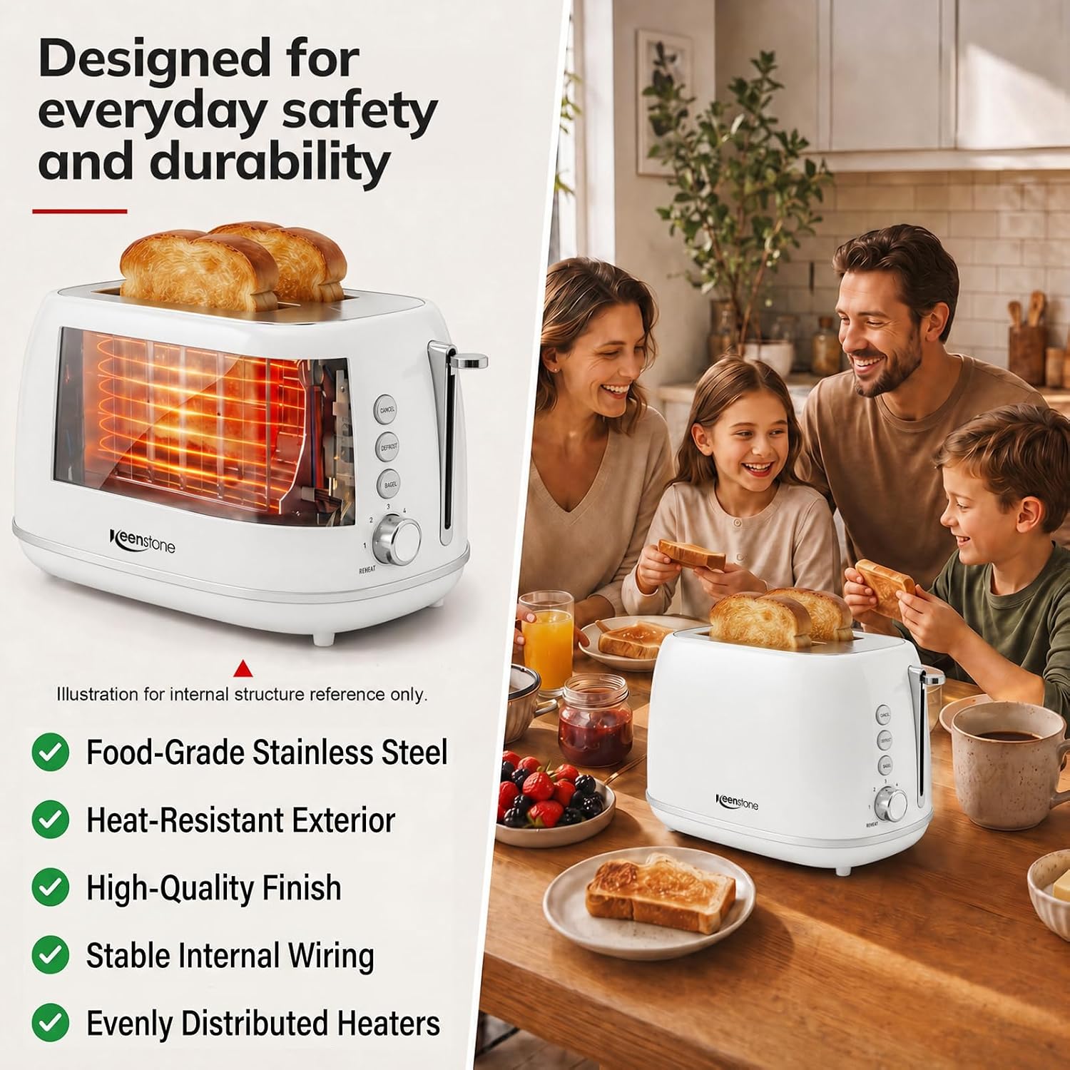 Keenstone 2 Slice Toaster, Retro Stainless Steel Kitchen Essentials, White | Retro Kitchen Decor, 18/8 Food-Grade Steel, 1.5” Slots & 6 Browning Levels, Bagel/ Defrost/ Reheat, Removable Crumb Tray - Image 3