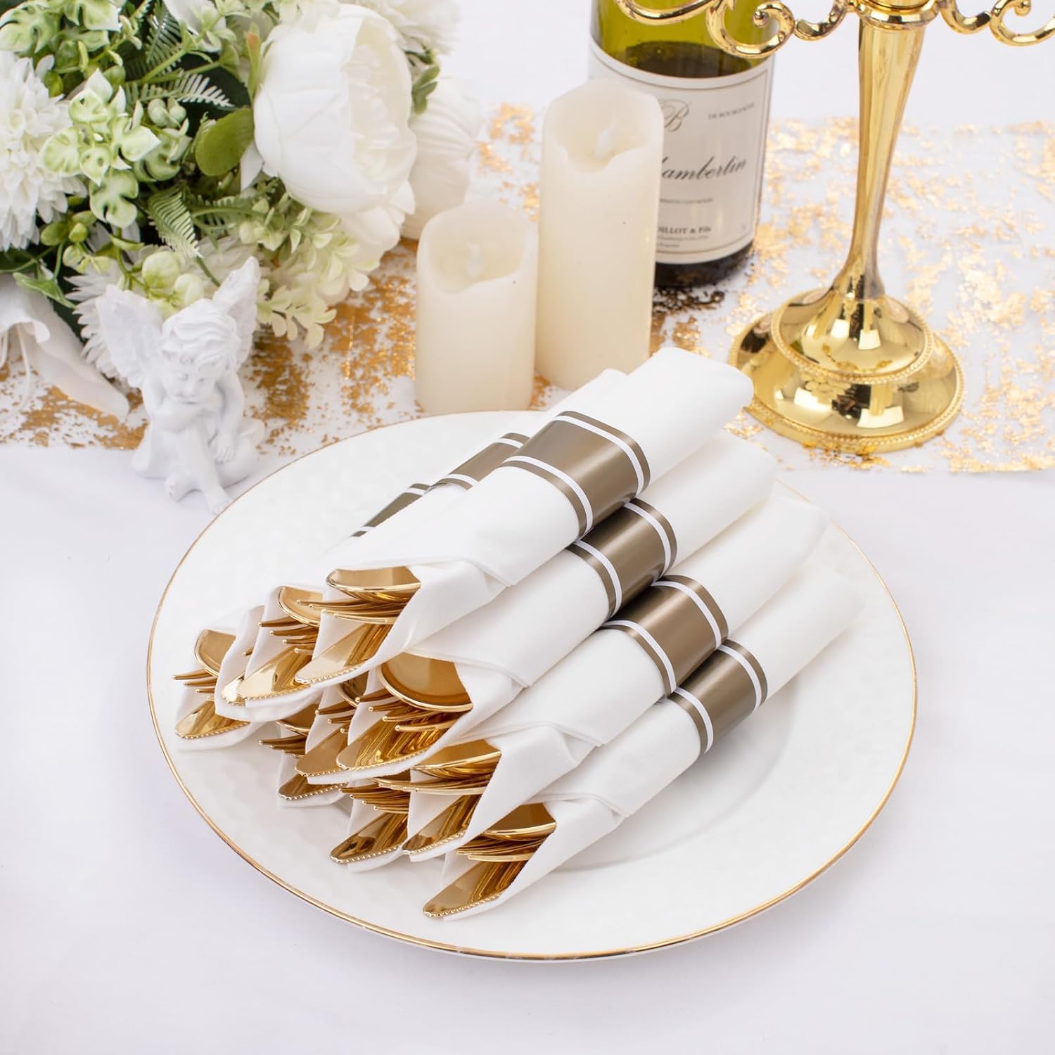 120 Pack Gold Plastic Silverware Wrapped Cutlery Set with Napkin | Heavy Duty Pre Rolled Disposable Gold Utensils Wrapped Flatware Cutlery Set for Wedding, Party & Catering - Image 3