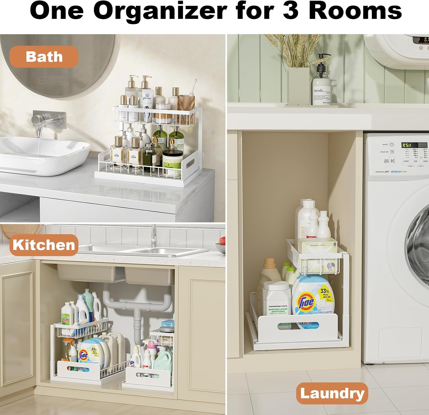 Under Sink Organizer, L-Shaped 2 Tier Pull Out Cabinet Organizer | Slide Out Under Cabinet Storage, For Kitchen and Bathroom, Metal Under Sink Storage with Sliding Drawer, 50 lbs, White 2 Pack - Image 3