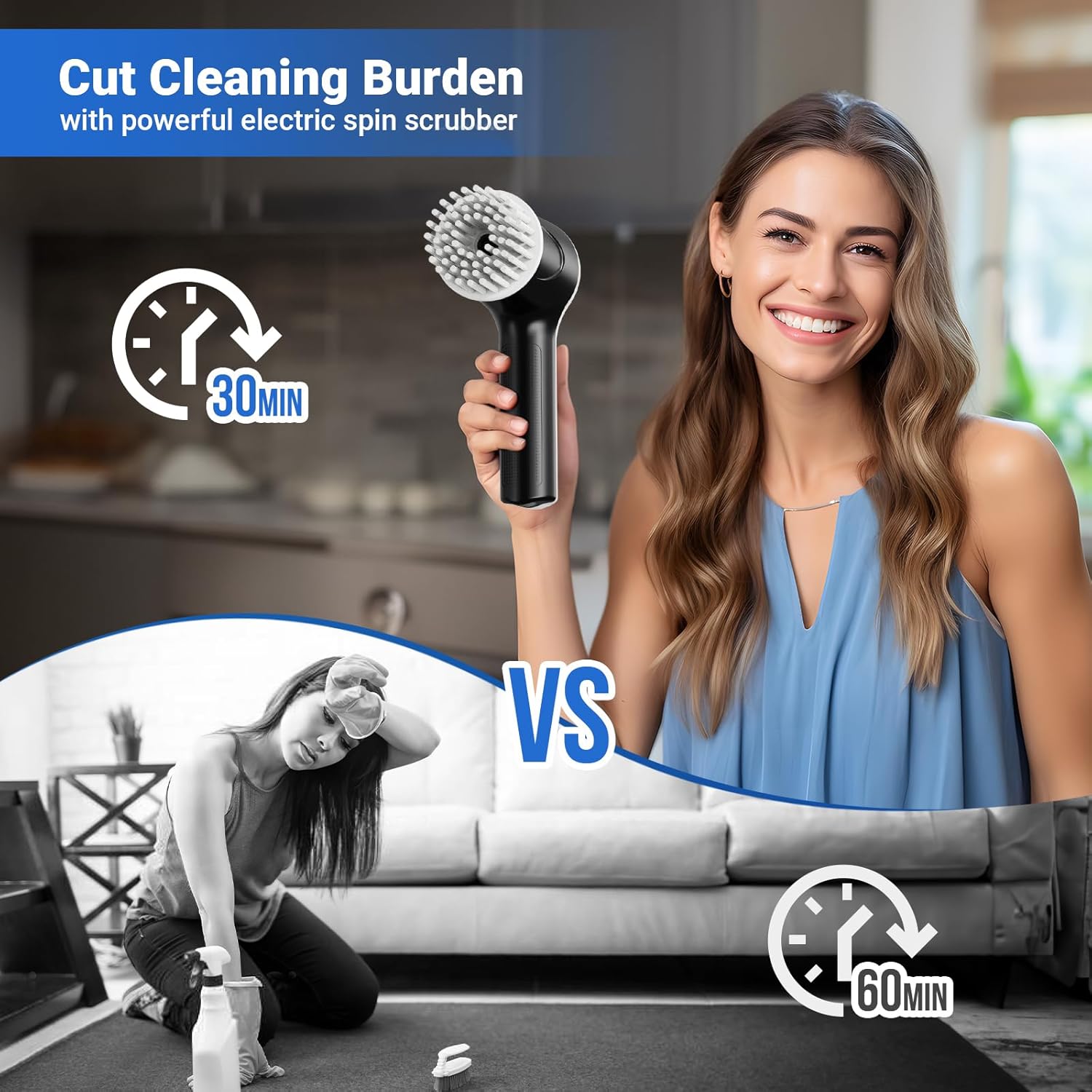PUFTEM Electric Spin Scrubber, Cordless Shower Scrubber | Battery Level Display, Dual Speed, 6 Replaceable Brush Heads, IPX7 Waterproof, Long Runtime, Tub, Tile & Sink Cleaning - Image 6