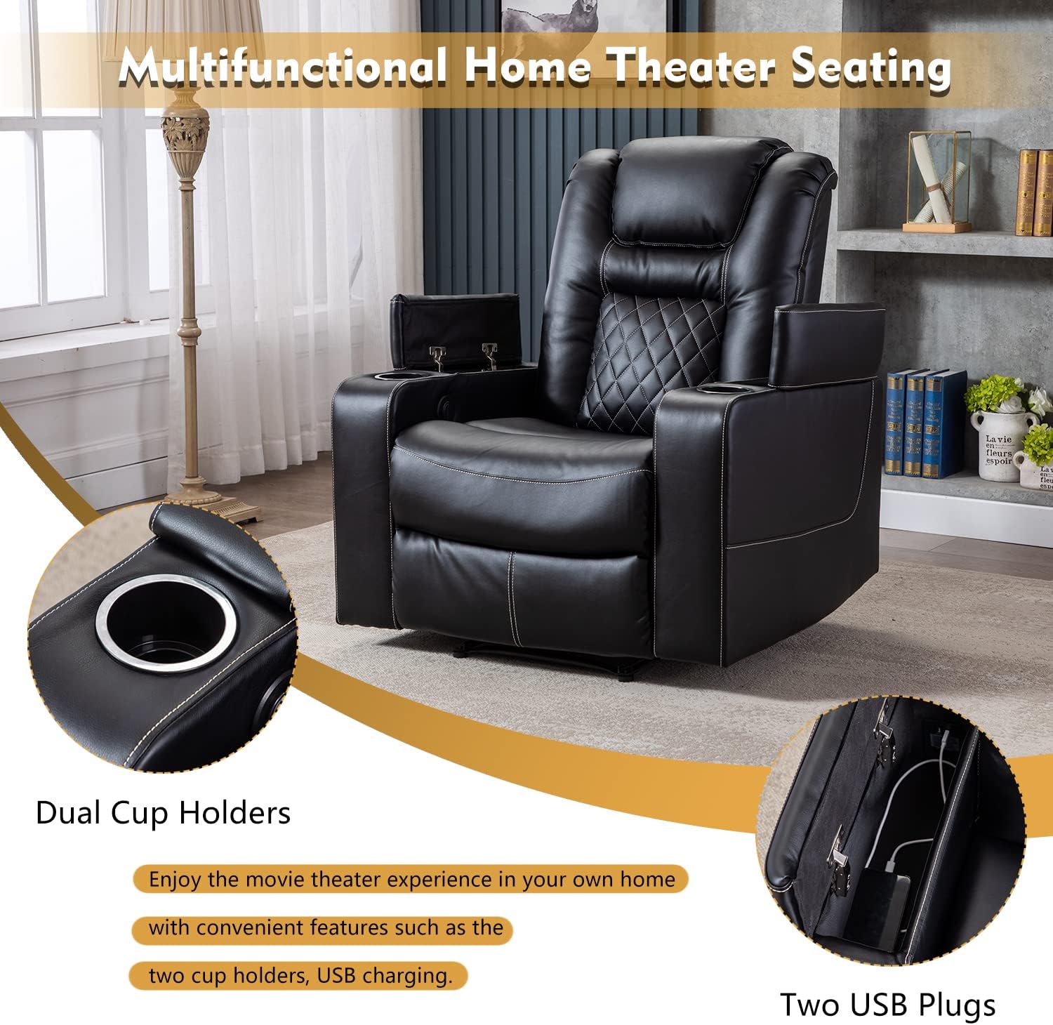CANMOV Electric Power Recliner Chair with USB Ports and Cup Holders, Breathable Leather Home Theater Seating with Hidden Arm Storage (Black) - Image 4