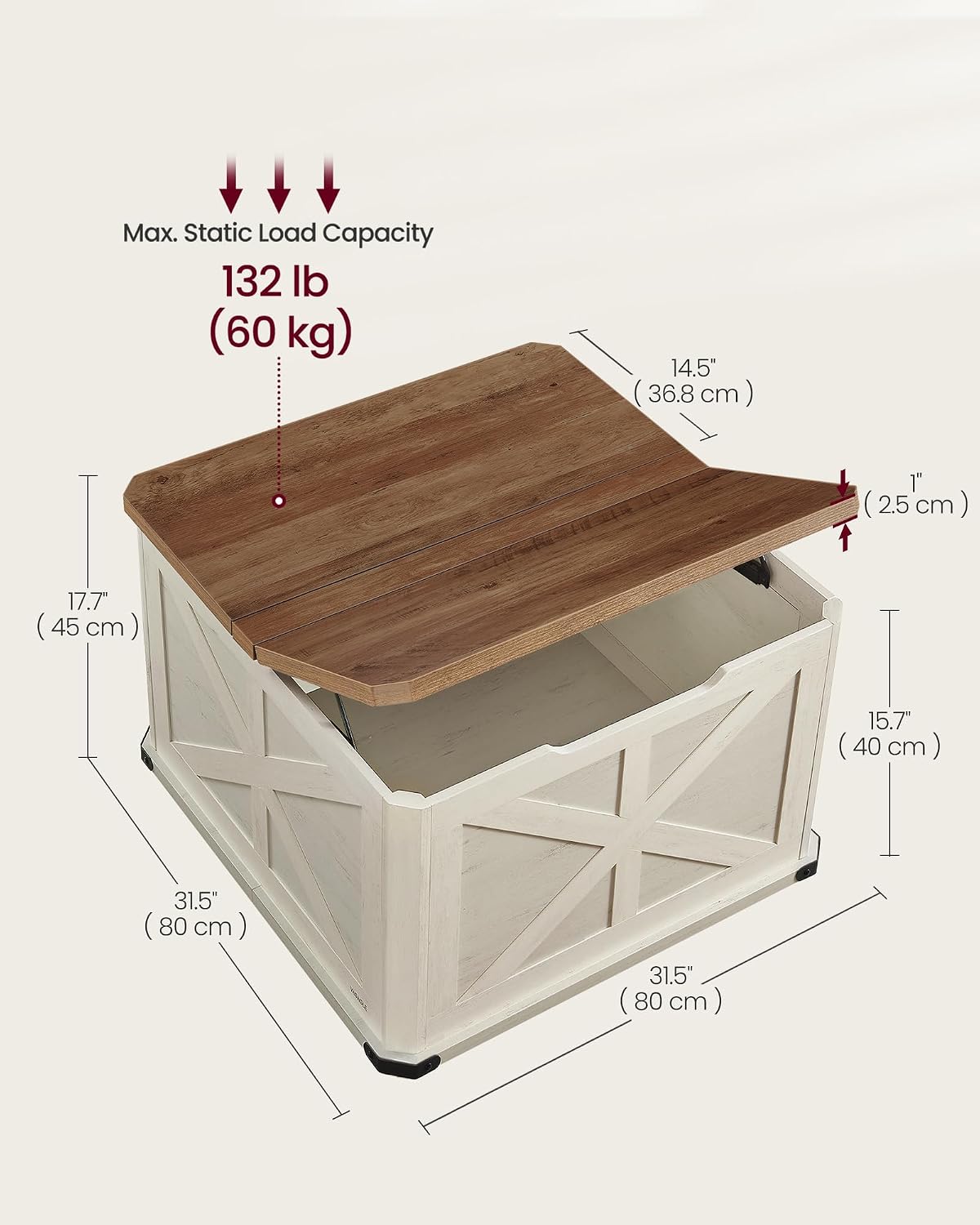 VASAGLE LIRY Collection - Farmhouse Coffee Table with Storage, Square Coffee Table for Living Room, Center Table with Flip-Top Lids, Honey Brown and Rustic White ULCT232W73 - Image 3
