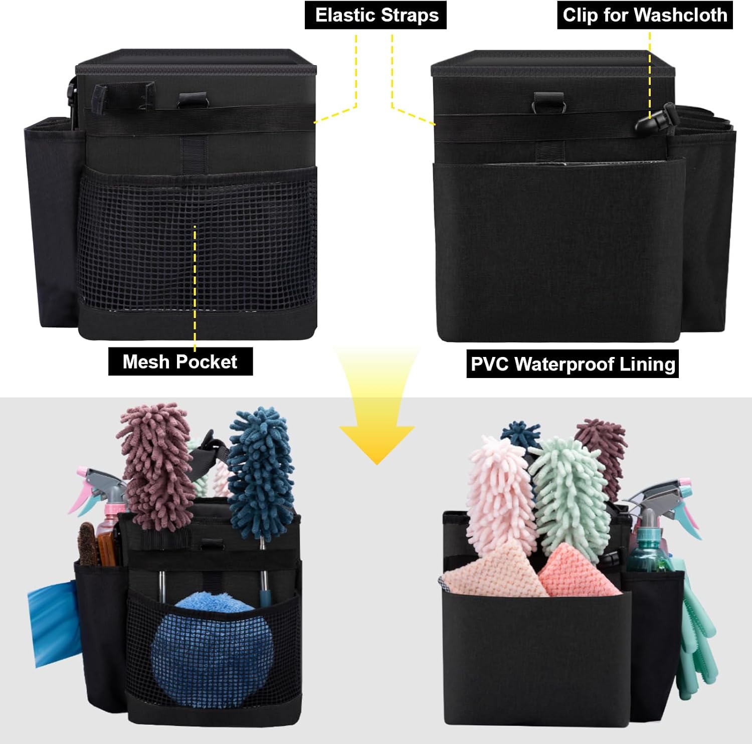 Wearable Large Cleaning Caddy Bag for Housekeepers (Black) | Cleaning Supplies Organizer with Adjustable Shoulder, Waist & Handle Straps, Detailing Bag for Kitchen Supplies - Image 5