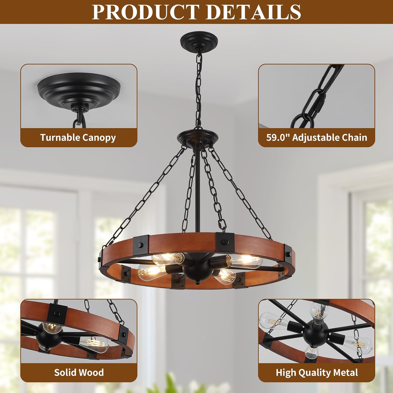 23.6" Wood Wagon Wheel Chandelier for Dining Room | 4-Light Round Farmhouse Rustic Chandelier, Hanging Light Fixtures, for Living Room Kitchen Island Entryway Foyer - Image 5
