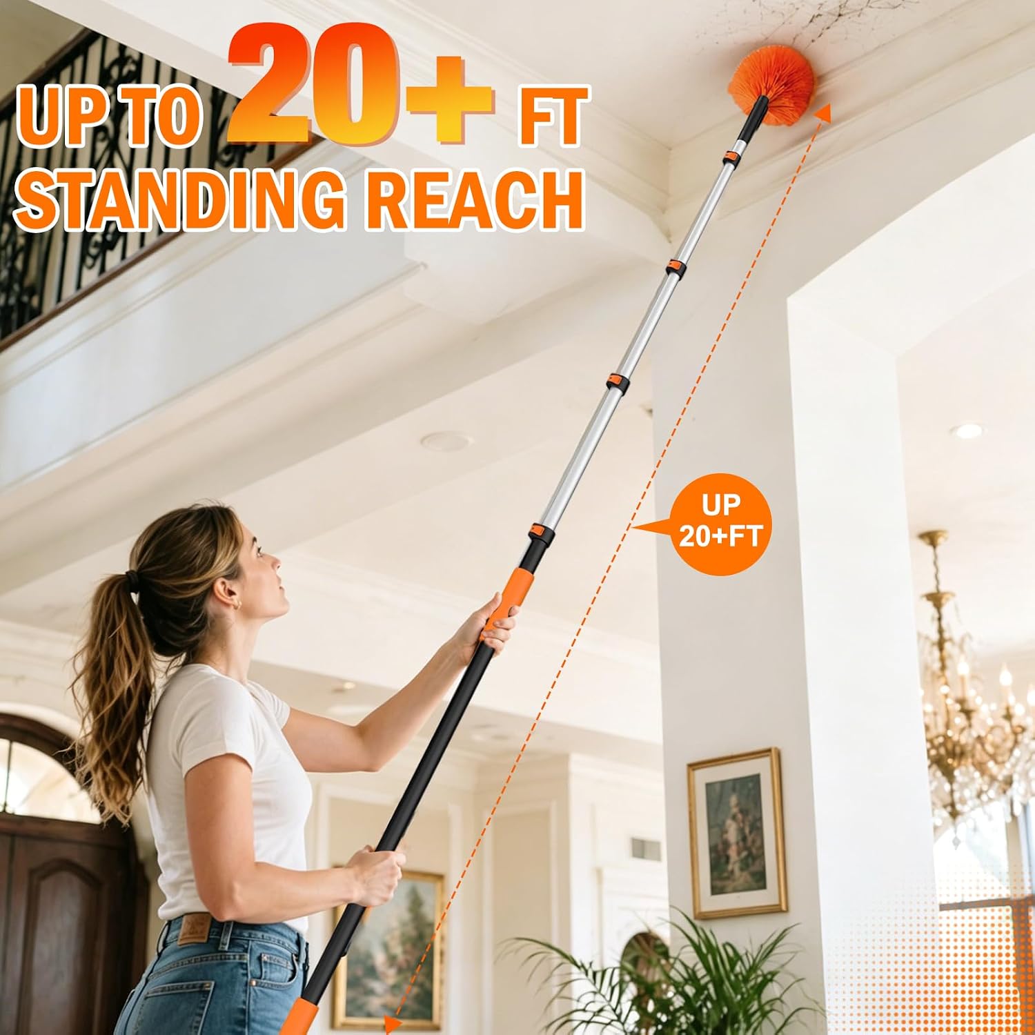 LAANPOLE 26FT High Reach Duster Cleaning Kit with Extension Pole, High Ceiling Fan Cleaner Duster Tool for Fan Blades, Window Washing Kit with Microfiber Feather Duster & Window Squeegee - Image 8