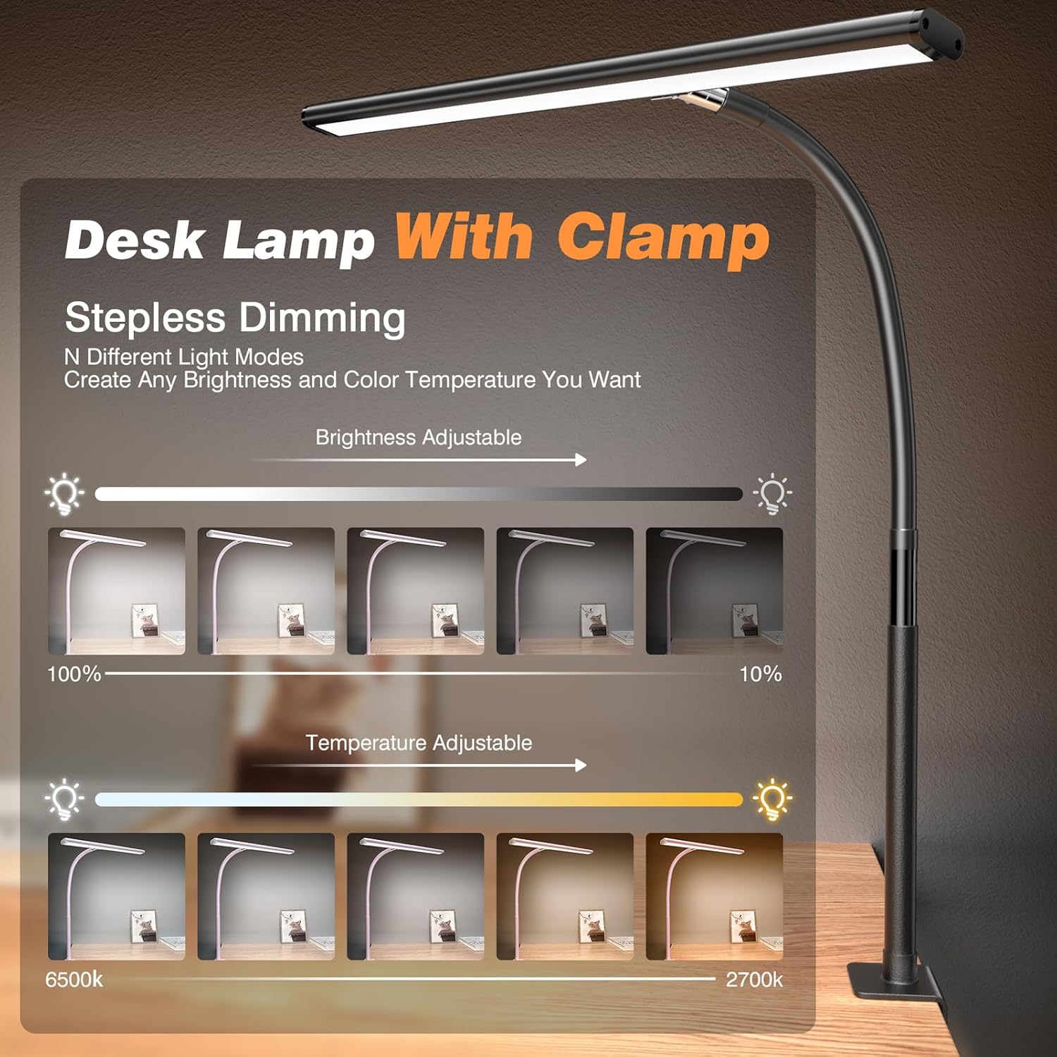 Airlonv LED Desk Lamp for Office Home, Eye-Caring Desk Light with Stepless Dimming Adjustable Flexible Gooseneck, 10W USB Adapter Desk Lamp with Clamp for Reading, Study, Workbench (Black) | 2700K-6500K, 100 LEDs, 360° Gooseneck, Fits Up to 30" Monitors, Flicker-Free Lighting for Home Office, Study& Workbench - Image 2