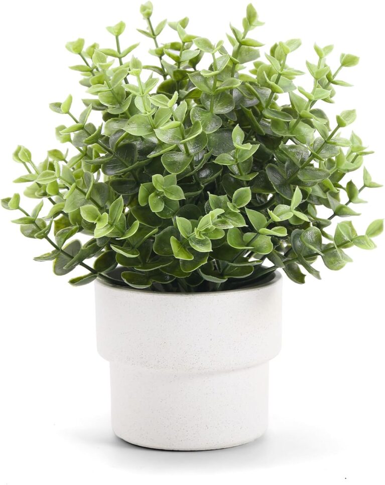 Coferset Small Fake Eucalyptus Potted Plants,Plastic Pot | 7.45" Artificial Faux Potted Greenery Plant for Bedroom Living Room Bathroom Shelves Farmhouse Table Office Desk Home Decor