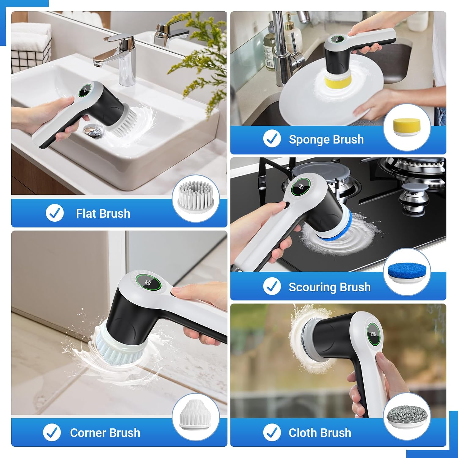 PUFTEM Electric Spin Scrubber, Cordless Shower Scrubber | Battery Level Display, Dual Speed, 6 Replaceable Brush Heads, IPX7 Waterproof, Long Runtime, Tub, Tile & Sink Cleaning - Image 4
