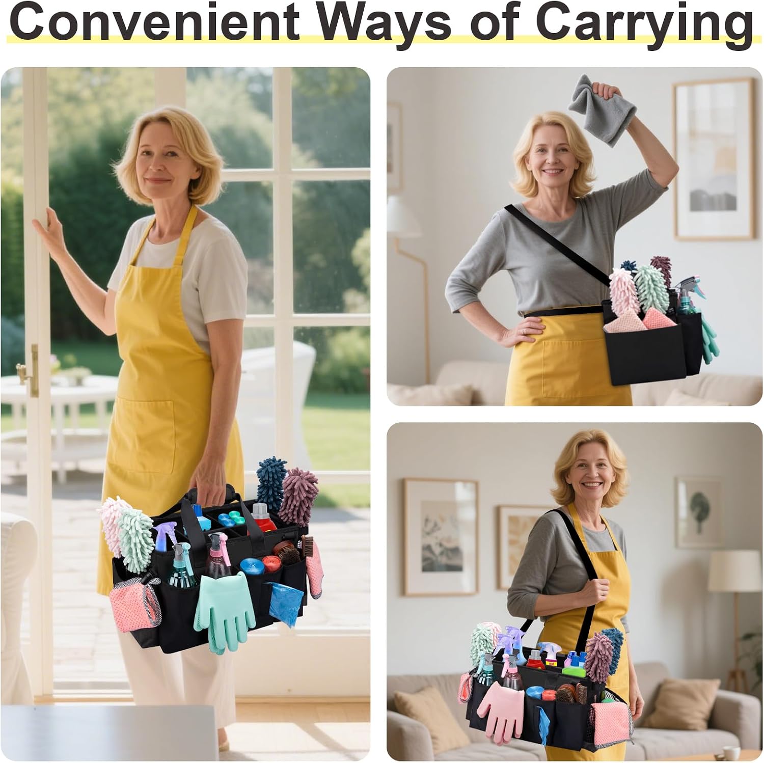 Wearable Large Cleaning Caddy Bag for Housekeepers (Black) | Cleaning Supplies Organizer with Adjustable Shoulder, Waist & Handle Straps, Detailing Bag for Kitchen Supplies - Image 7