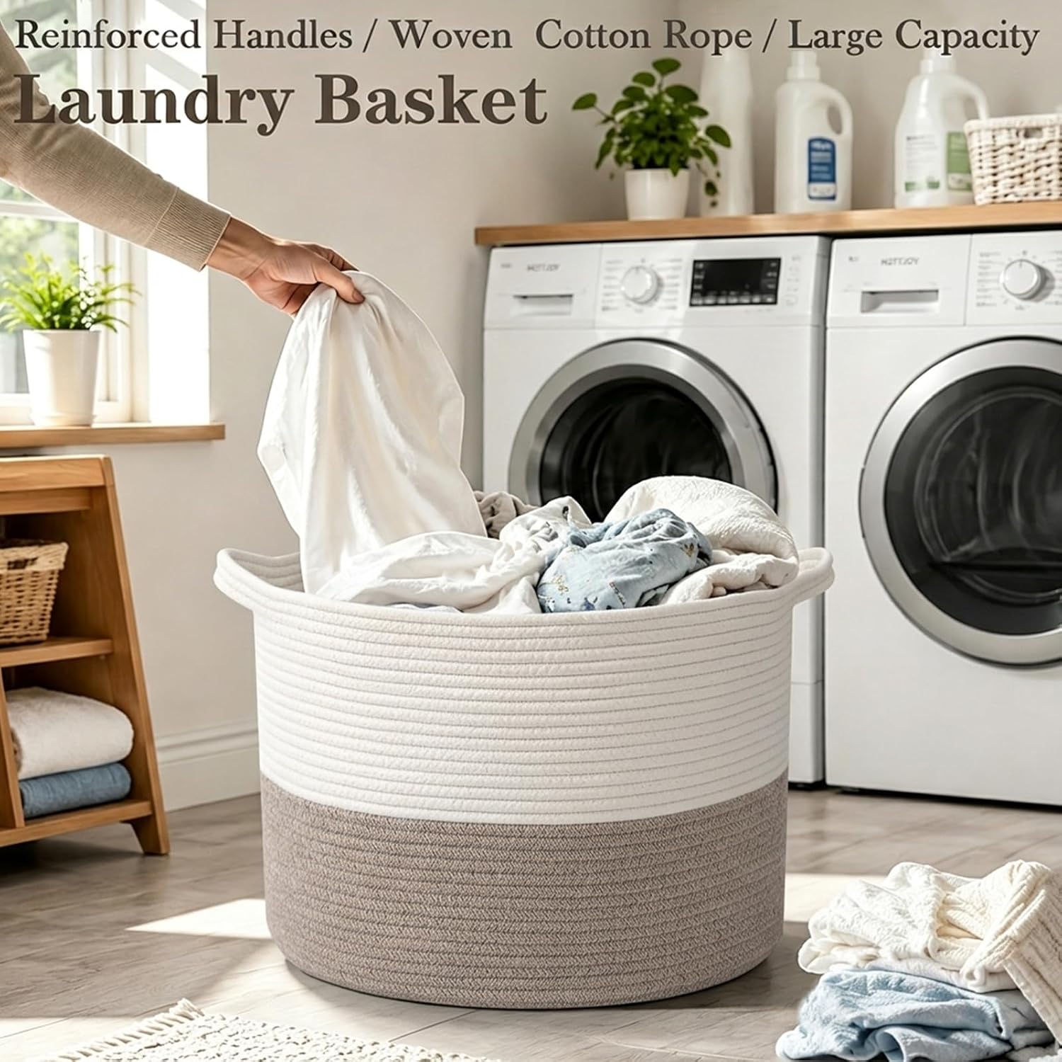 Large Woven Blanket Basket,65L Cotton Rope Laundry Basket | Collapsible Nursery Storage Bin with Sturdy Handles for Clothes, Toys, Pillows, Living Room Bedroom Bathroom - White & Brown - Image 5
