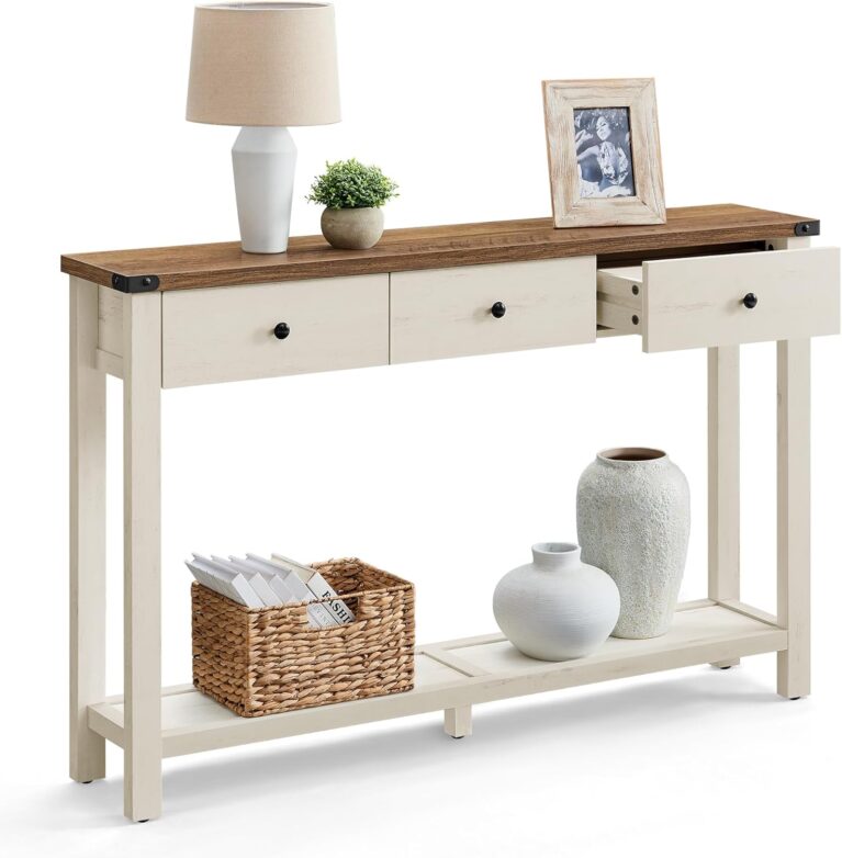 VASAGLE LIRY Collection Narrow Console Table with 3 Drawers, Brown | Sofa Table with Open Storage Shelf, Metal Corners, Rustic White, Farmhouse Style, ULNT142WJ02S