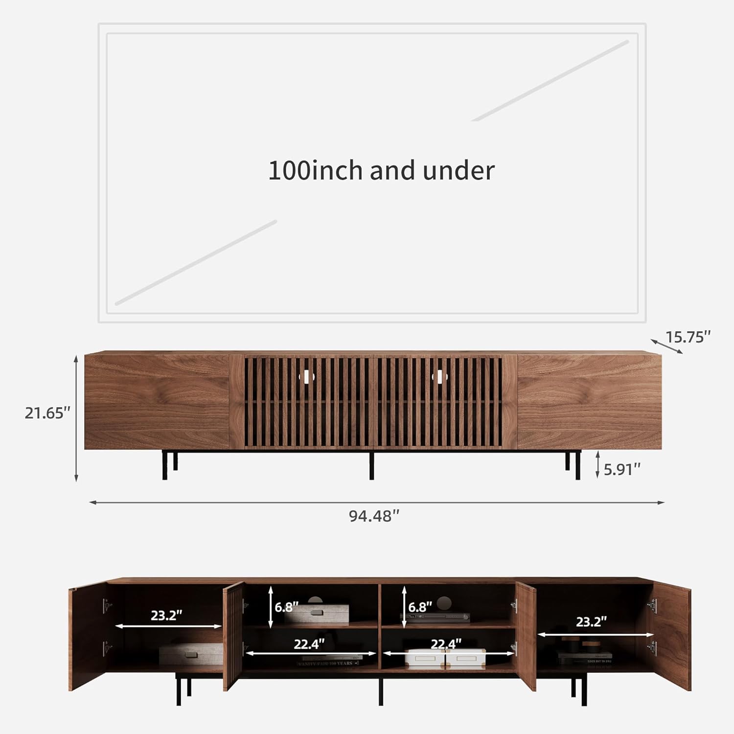 Mid Century Modern TV Stand with 4 Doors, 94.48 Inch Wide Entertainment Center TV Console for Living Room Bedroom, Media Console TV Cabinet with Storage Walnut - Image 2