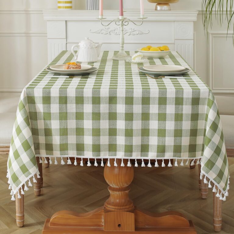 Laolitou Spring Checkered Tablecloth Square Washable Heavy Duty Buffalo Plaid Table Cloth with Tassel Cotton Linen Gingham Table Cover for Spring Picnic Kitchen Dining Room, Green, 55 Inch